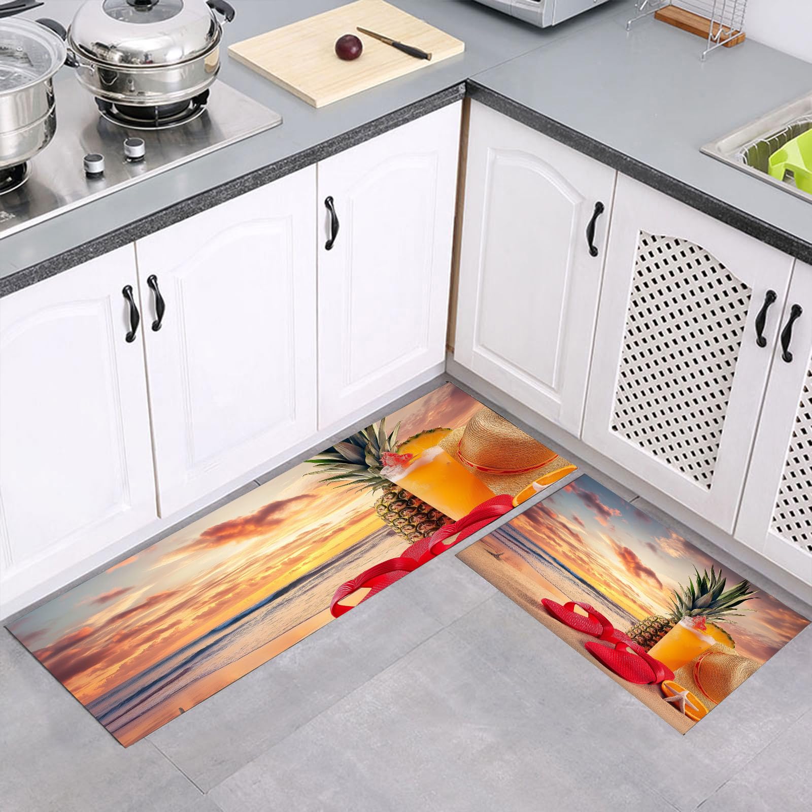 Juego de alfombras de cocina antideslizantes de 43x75 y 43x150cm con diseño de verano naranja