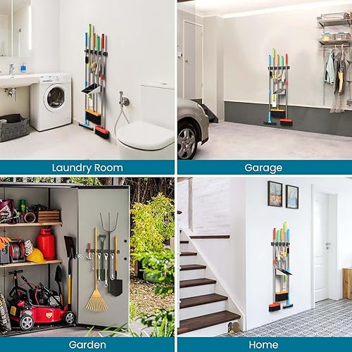 Miniatura 7 de TOOVEM Soporte de pared para escoba, organizador de escobas, almacenamiento de escobas, estantes de herramientas de almacenamiento de trapeador y