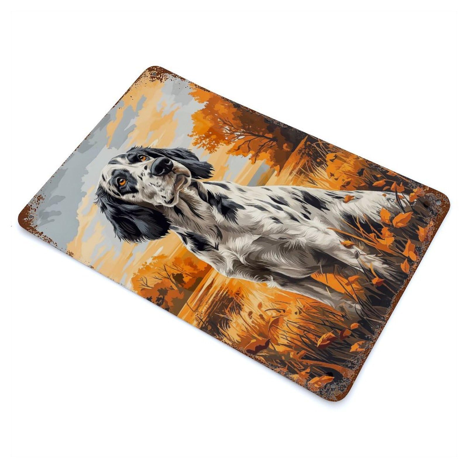Rust Effect English Setter Portrait in Autumn Landscape Decorative Tin Sign 11.8"x7.9", Vintage Wall Decor for Farmhouse, Kitchen And Entryway Decor