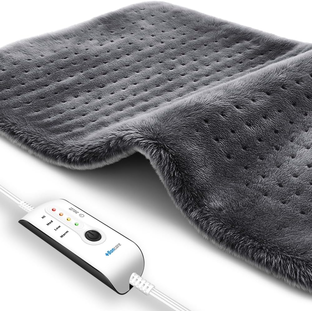 Boncare® Large Heating Pad for Back Pain Relief and Cramps with Auto Shut Off &amp; 4 Temperature Settings, Fast Heat up Instant Comfort and Ultra Soft Velvet Plush Machine Washable (Gray, 12"x24
