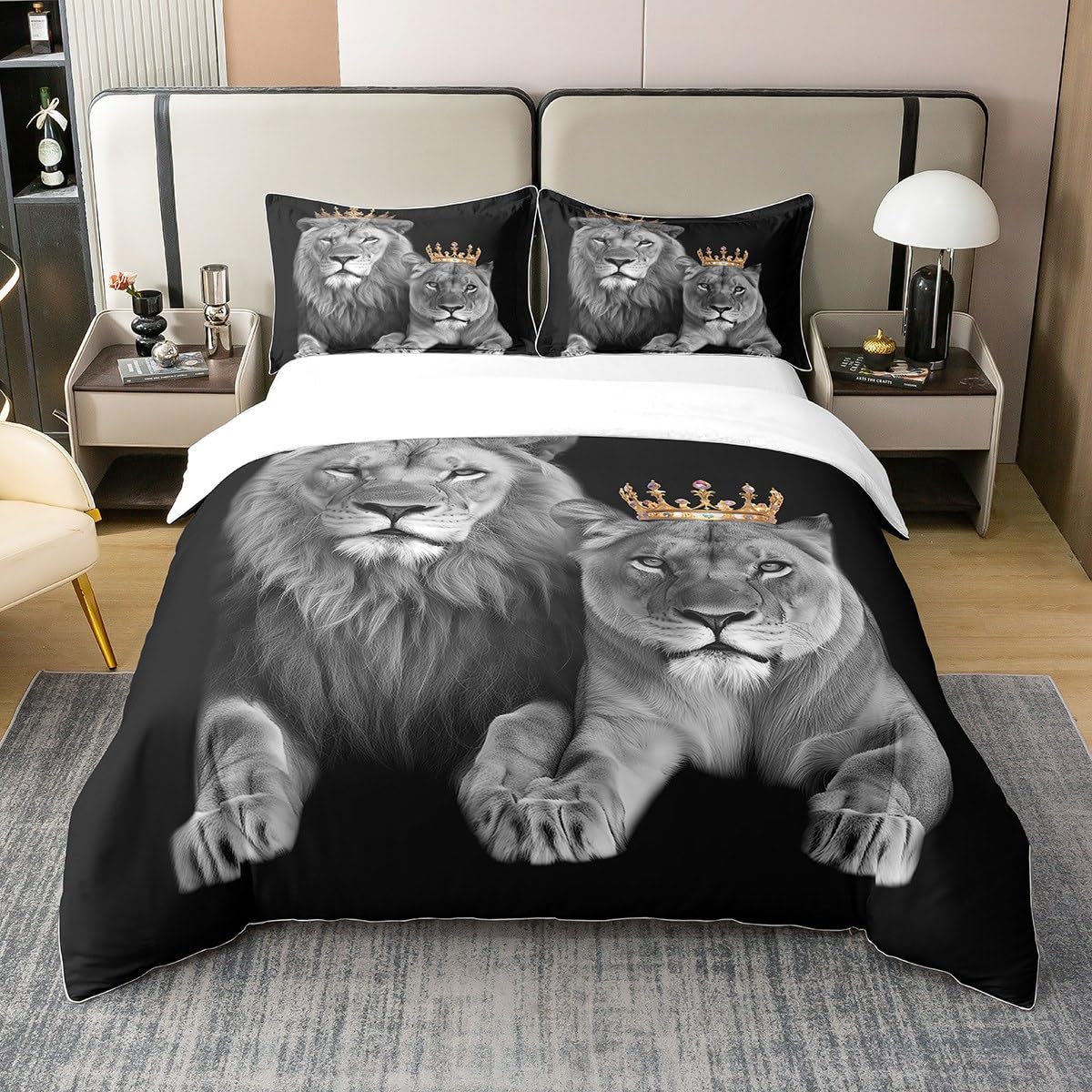 Juego de cama de león gris en puro algodón de 135 x 200 cm para habitaciones de estilo safari