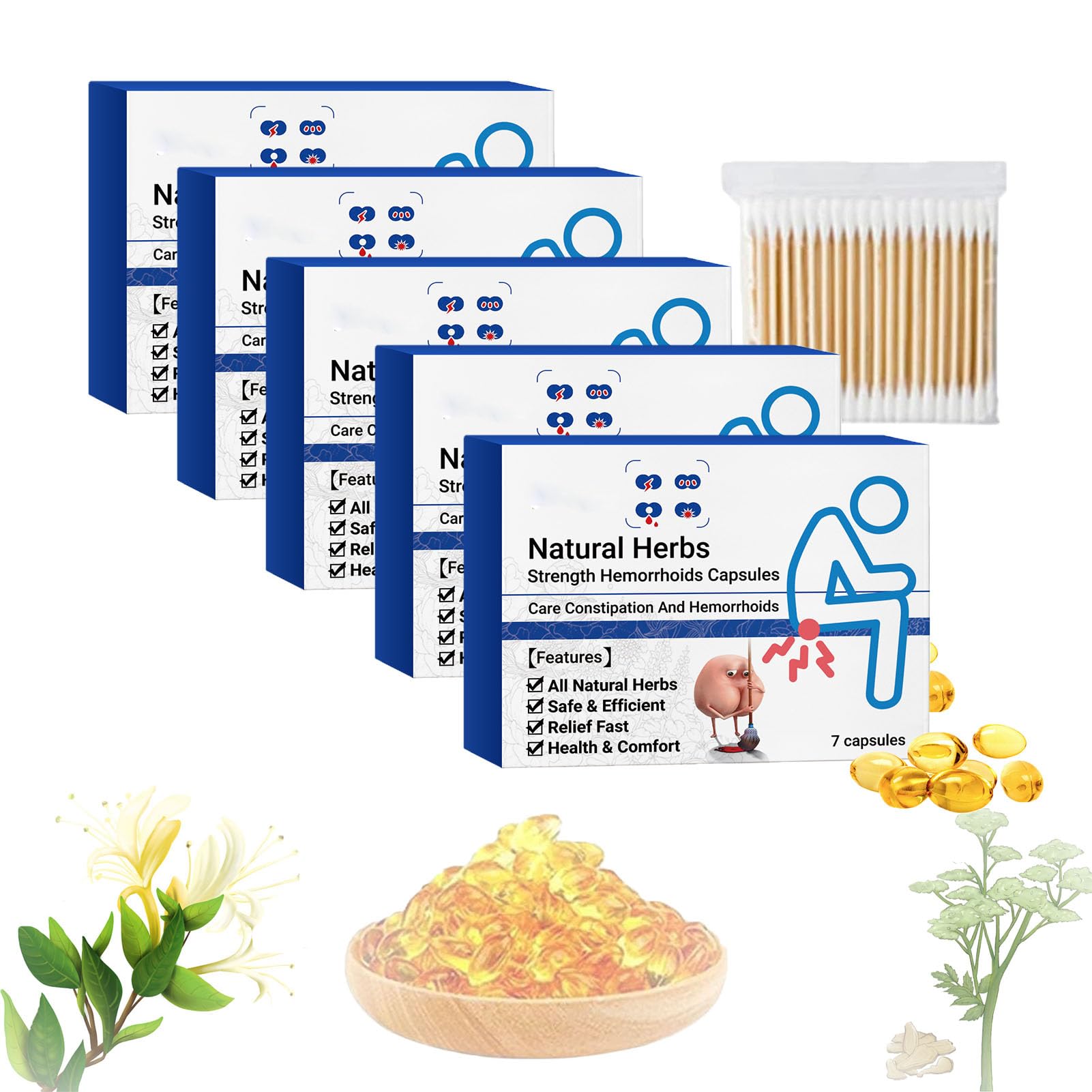 Heca Natural Herbal Strength Hemorrhoid Capsules, Natural Hemorrhoid Relief Capsules, Hemorrhoid Capsules 7pc/Box (5PCS)
