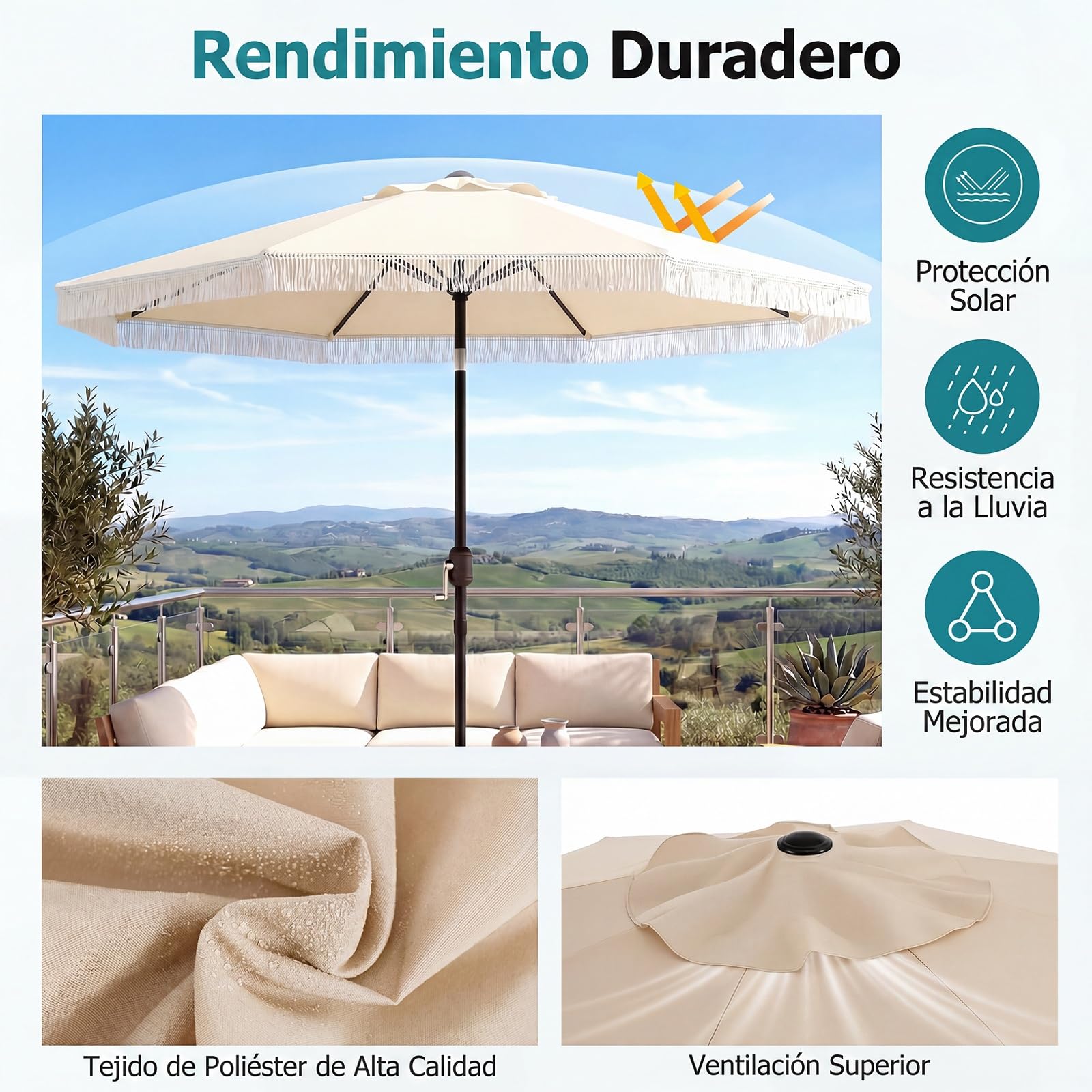 COSTWAY 270 cm Sombrilla Terraza Exterior, Parasol Reclinable de Jardín con Inclinación Bidireccional de 30°, 8 Varillas Metálicas, Manivela y Volantes/Flecos Decorativos para Patio