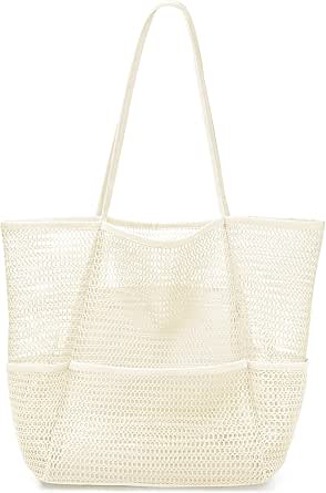 KPX Beach Bag with Mini Pocket, Summer Mesh Tote for Women, Large Foldable Sandproof Travel Bag