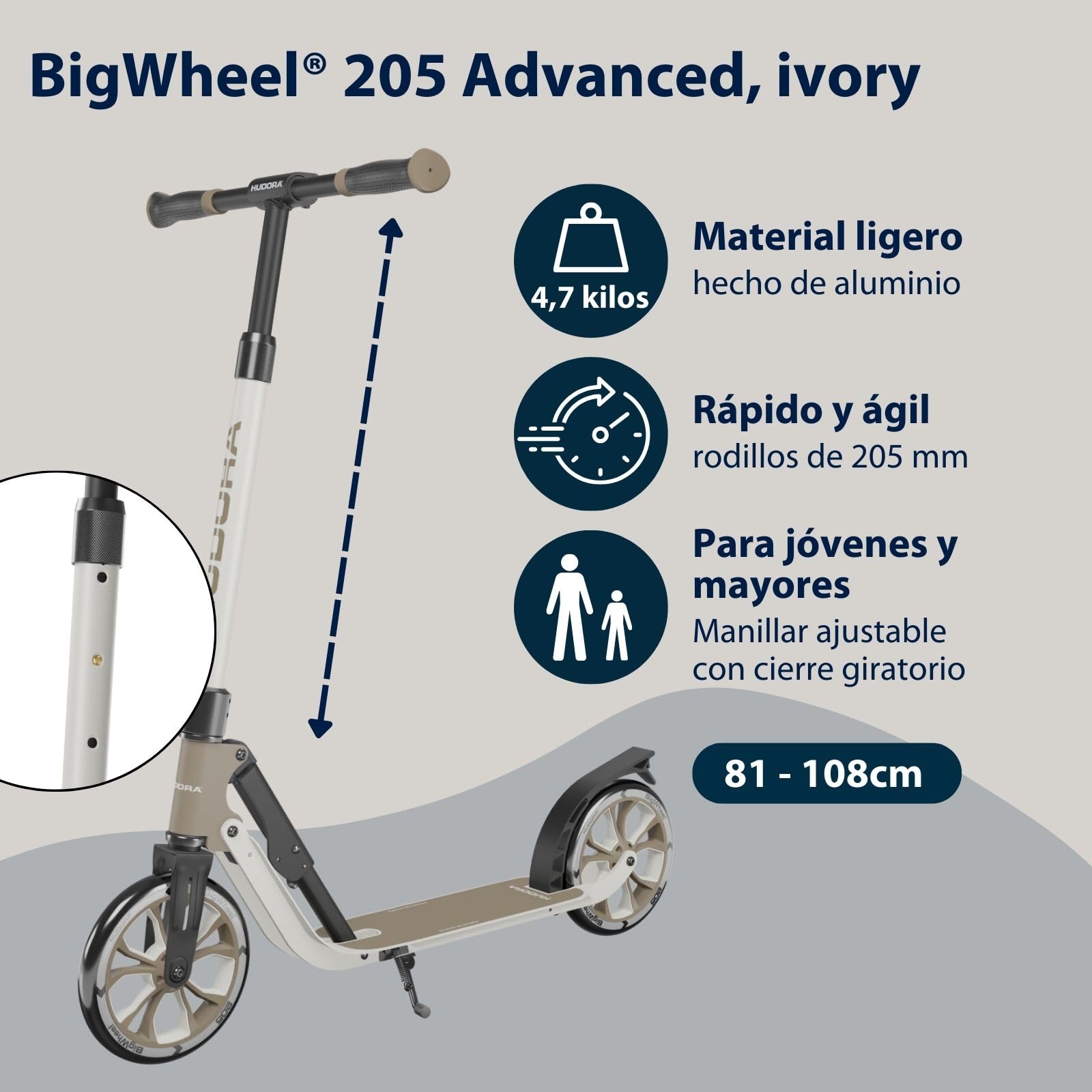 HUDORA BigWheel 205 Advanced Scooter - Patinete de Aluminio cómodo para hasta 100 kg - Patinete Plegable y Ajustable en Altura - Scooter para niños/Adolescentes y Adultos