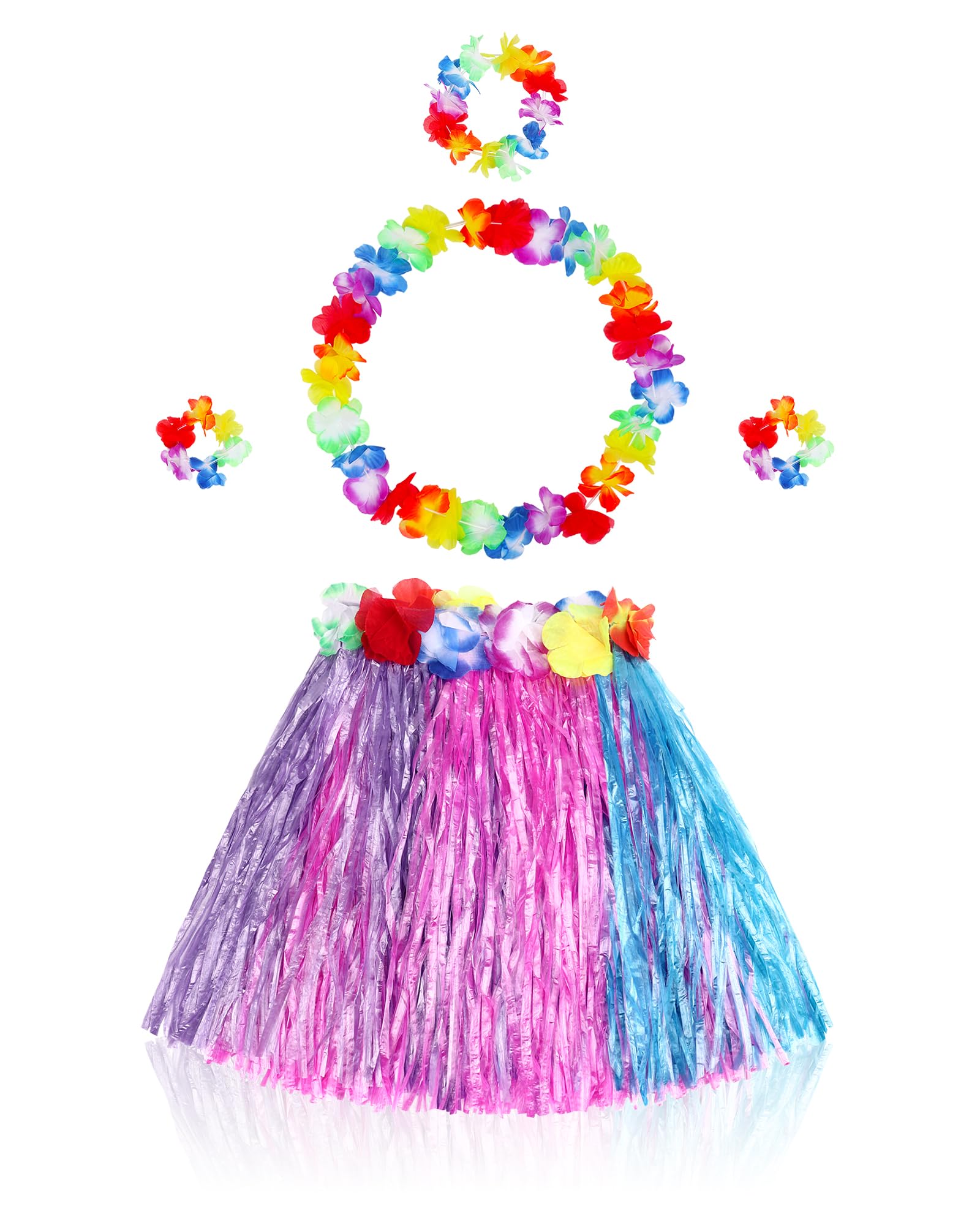 Fortuning's JDS Girl's Hawaiian Hula Grass Skirt Matching Elastic Flowers Kids Costume Set for Luau Tropical Beach Party