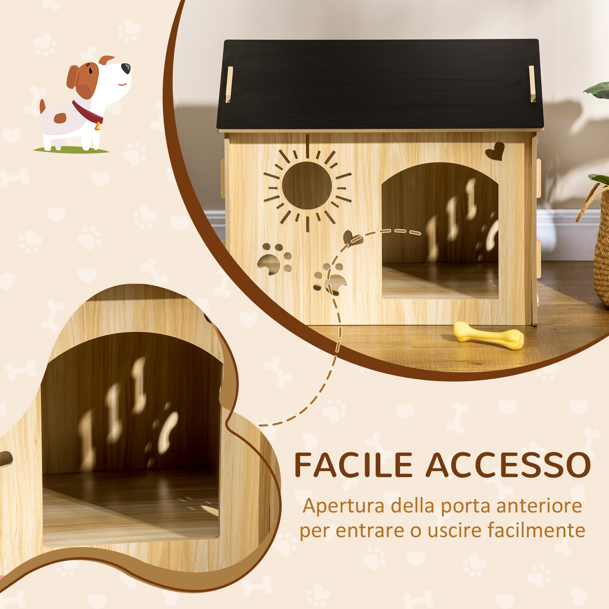 PawHut Cuccia per Cani da Interno, Casetta per Cani e Gatti con Struttura in Legno e Aperture a Forma di Zampa, Cuore e Ossa, Cuccetta per Soggiorno e Salotto, Rovere