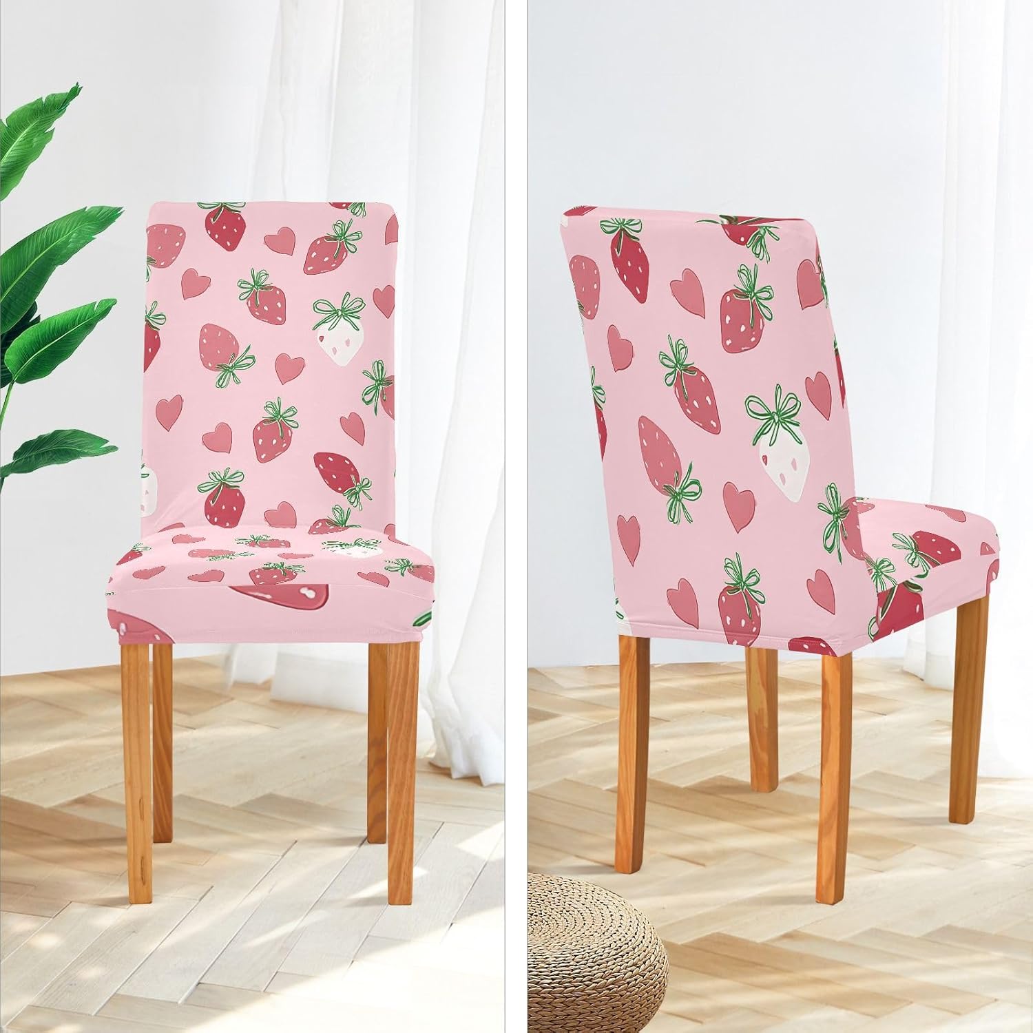 ALAZA Chair Covers for Dining Room, Strawberry Bow Heart Pattern Stretch Chair Cover Sets Chair Protector Removable Washable for Ktichen Restaurant Hotel