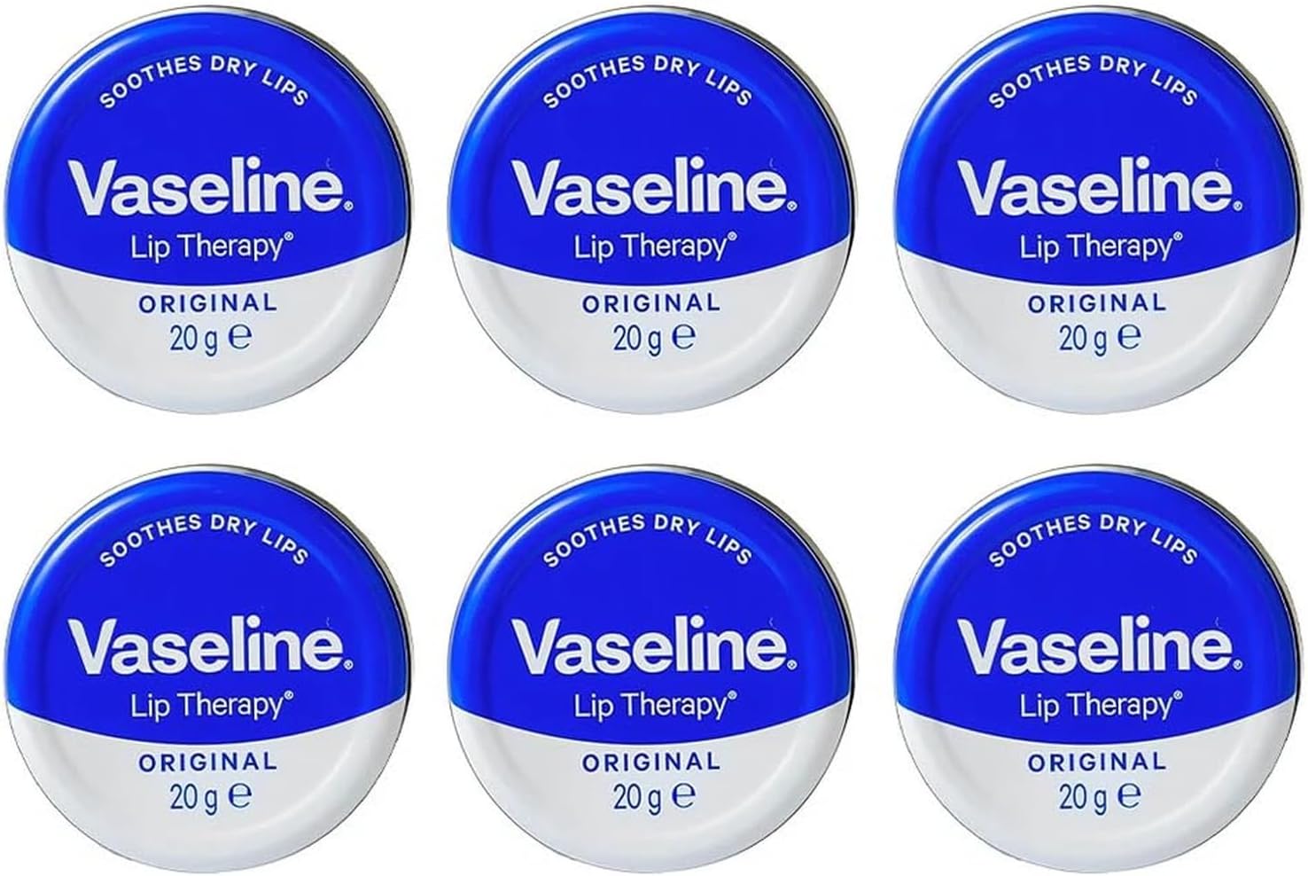 6 x Vaseline Lip Therapy Original 20g Tin – Classic Petroleum Jelly Lip Balm, Intensive Moisture Lock for Dry Lips, Pocket Size Everyday Lip Care