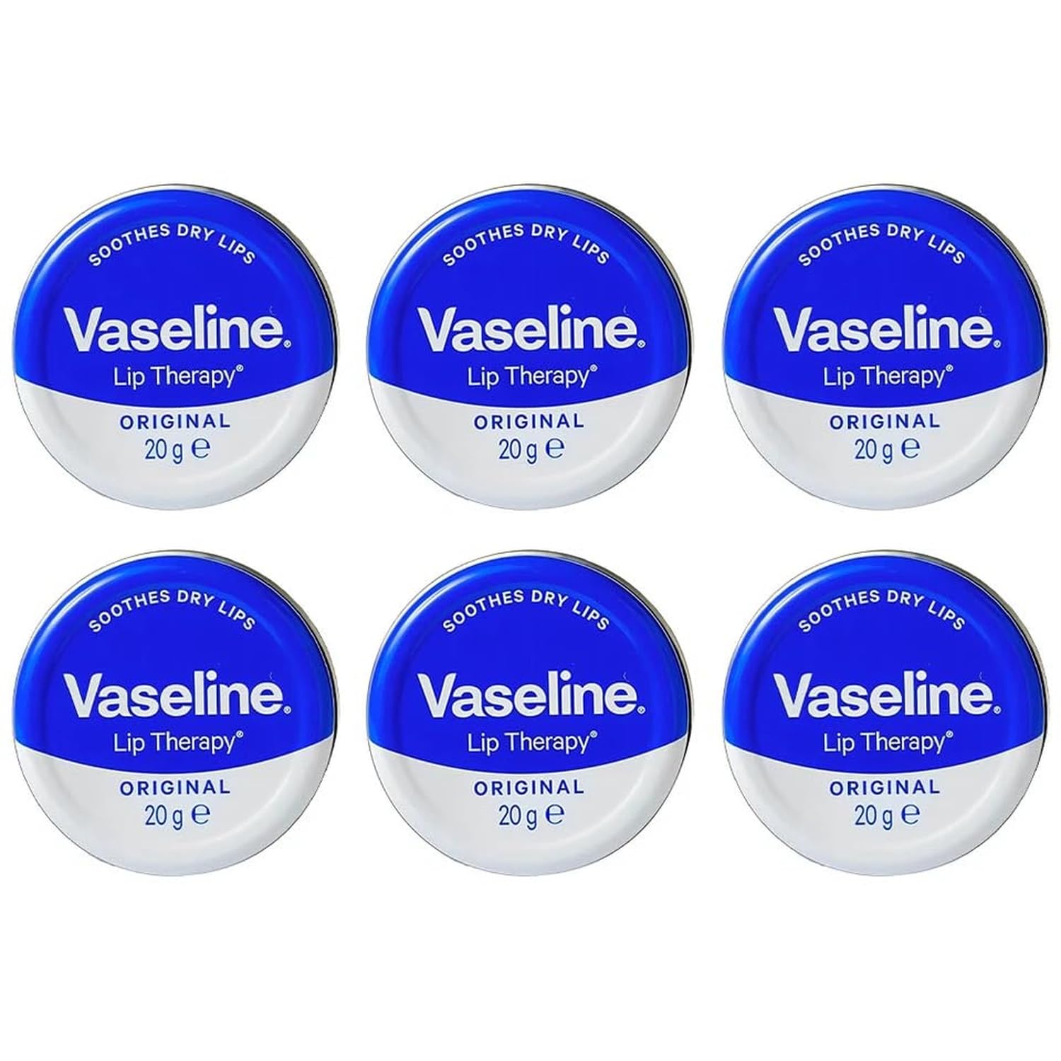 – 6 x Vaseline Lip Therapy Original 20g Tin – Classic Petroleum Jelly Lip Balm, Intensive Moisture Lock for Dry Lips, Pocket Size Everyday Lip Care