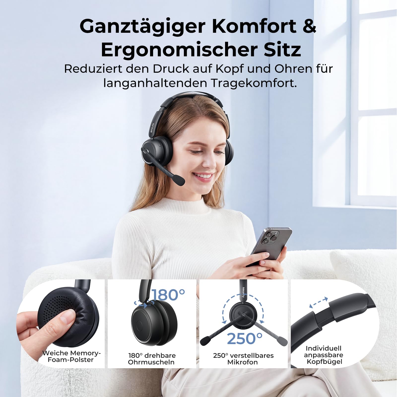 Nuroum HP31D 2026 Bluetooth Headset mit Mikrofon Wireless, KI Rauschunterdrückung für Anrufe,45 Std. Akku, Kabelloses Headset mit Ladestation&USB Dongle&Mute,Bluetooth Headset für PC/Laptop/Büro/Teams