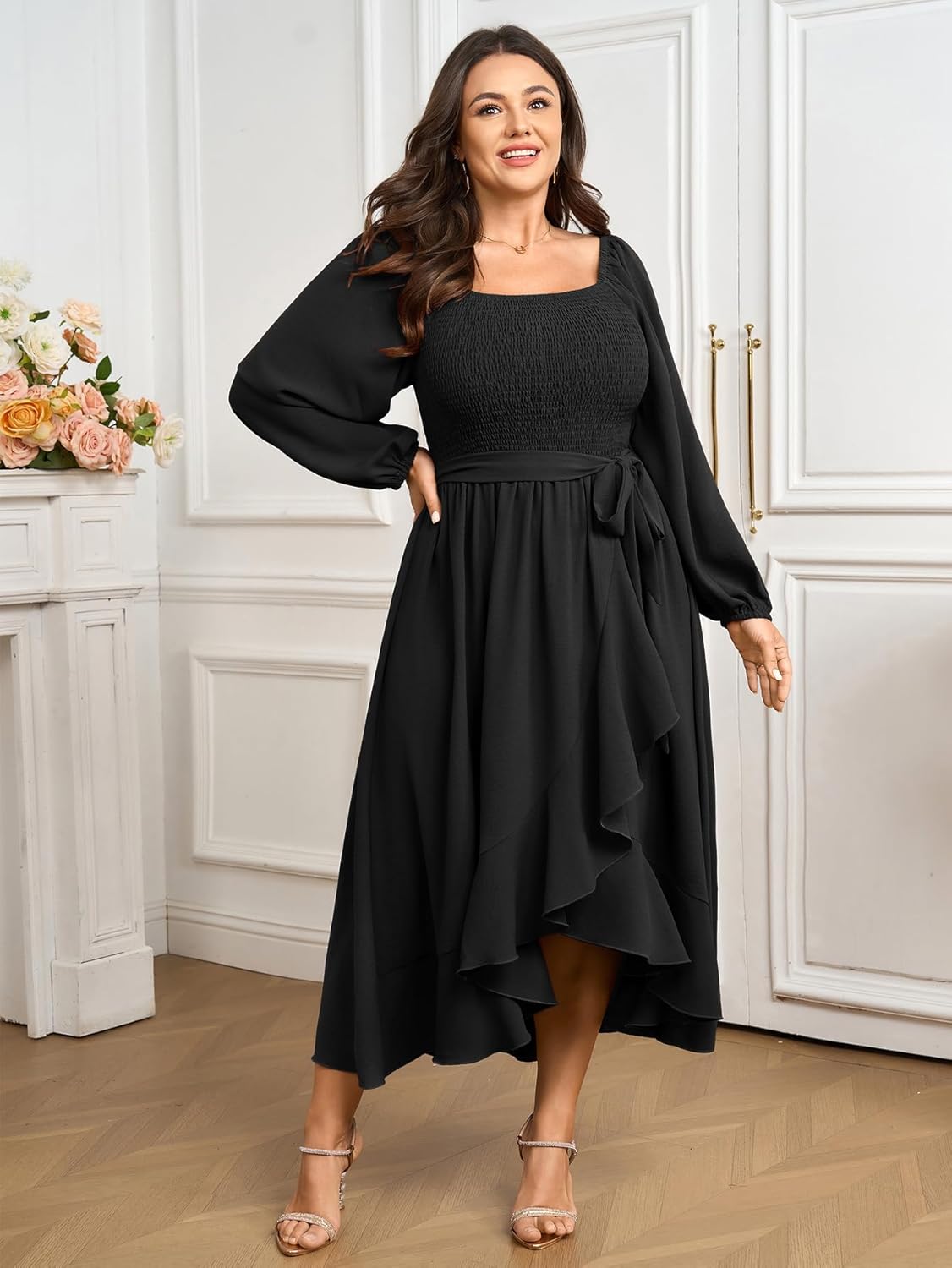 SCOMCHIC Women Plus Size Cocktail Dress Formal Long Sleeve Wedding Guest Smocked High Low Ruffle Dress with Belted - Image 4