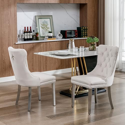 Miniatura 169 de Aoowow Juego de 2 sillas de comedor tapizadas de terciopelo, sillas laterales sin brazos con respaldo de ala, botones y patas de madera maciza para