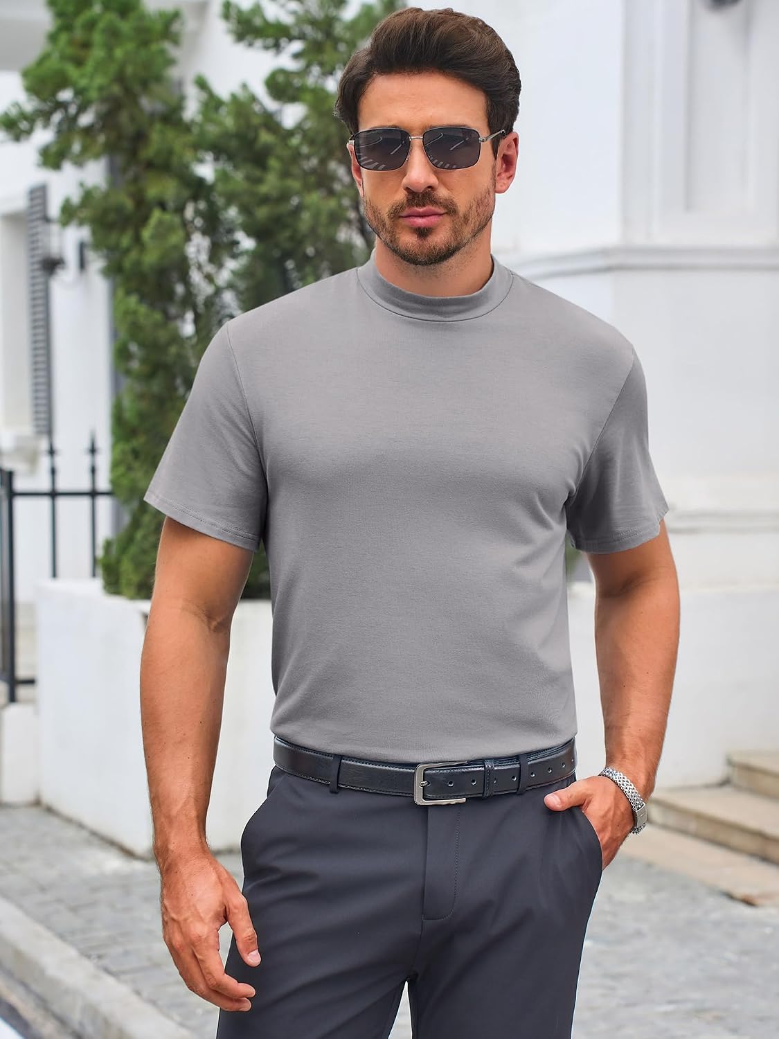 Mens Mock Turtleneck T Shirts Short Sleeve Cotton Basic Undershirt Relaxed Fit Lightweight Solid Pullover Tops image 3