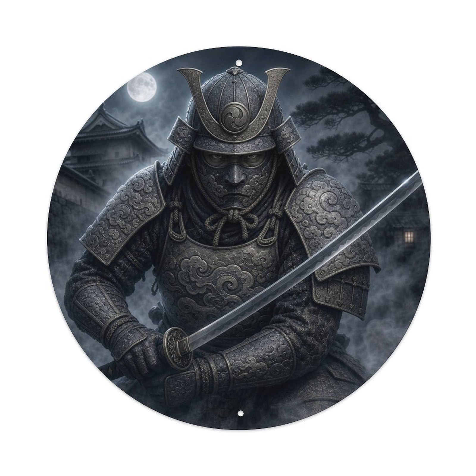 Okngb Style Daimyo Defensive Crouch Ash Grey Ready Armor Label Metal Tin Sign Plaque Wall Decor For Cafe, Man Cave, Club Bar, Office, Home Garden Round Metal Poster 8X8inch