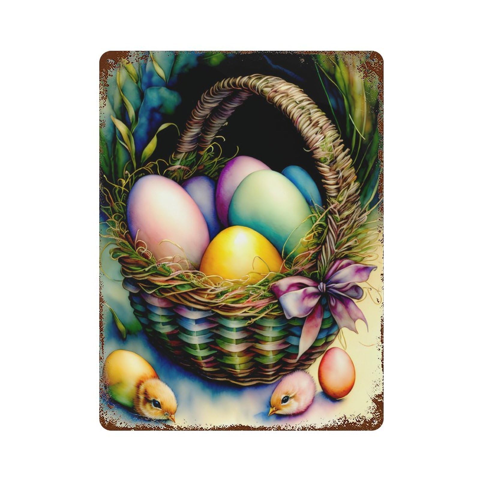 Aged Metal Wall Plaque with Easter Basket with Chicks Design 15.7"x11.8", for Shed, Workshop And Garage Wall Decor, Decorative Metal Wall Art