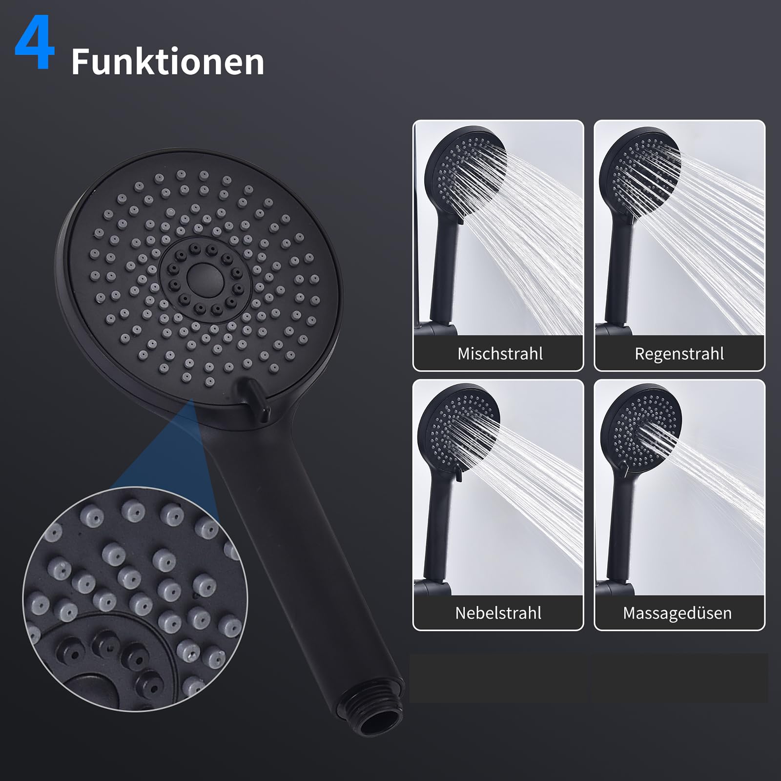 HOMELODY Badewannenarmatur mit Duschsystem, Schwarz Handbrause mit 4 Funktionen, 360° drehbarer Auslauf, Badewannenarmaturen mit Duschbrause, Mischbatterie zur Wandmontage