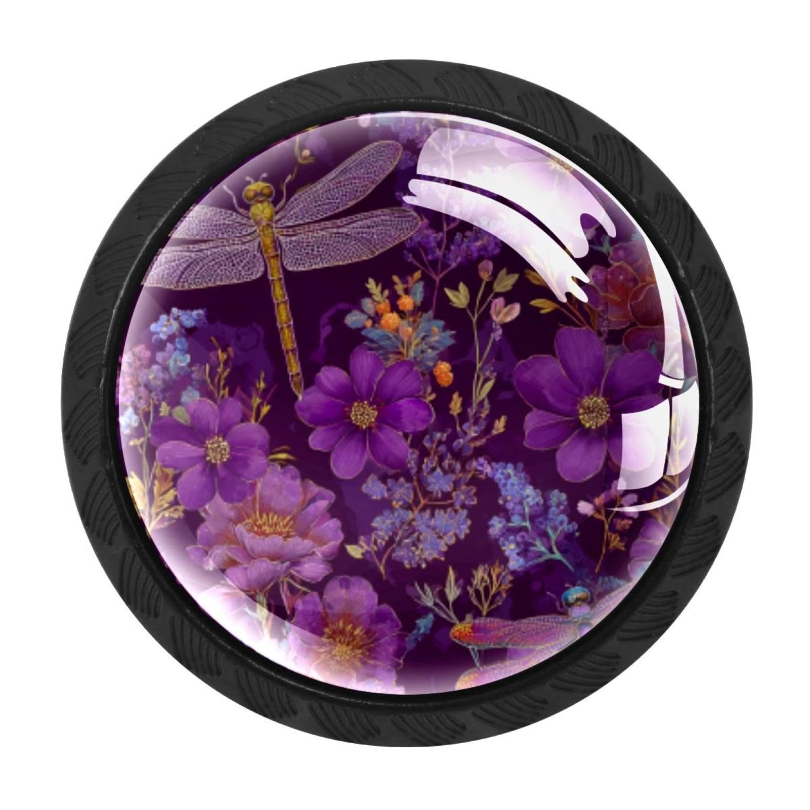 CHENZZZZ 4pcs Round Cabinet Knobs for Home Wardrobe Office Kitchen Dresser and Cupboard Cute Purple Dragonfly Wildflowers Floral Herb DIY Glass Drawer Pull Handle with Screws