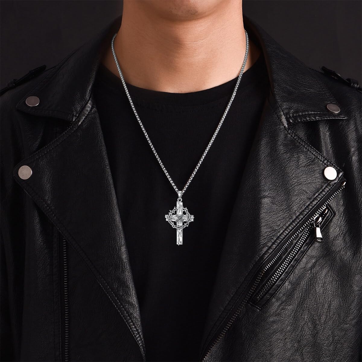 Kreuz-Halskette mit Josua 1:9, 925er Sterlingsilber, Dornenkrone Kreuz-Anhänger, Schmuck für Herren, inkl. Edelstahl-Kette 55 cm + 5 cm Verlängerung