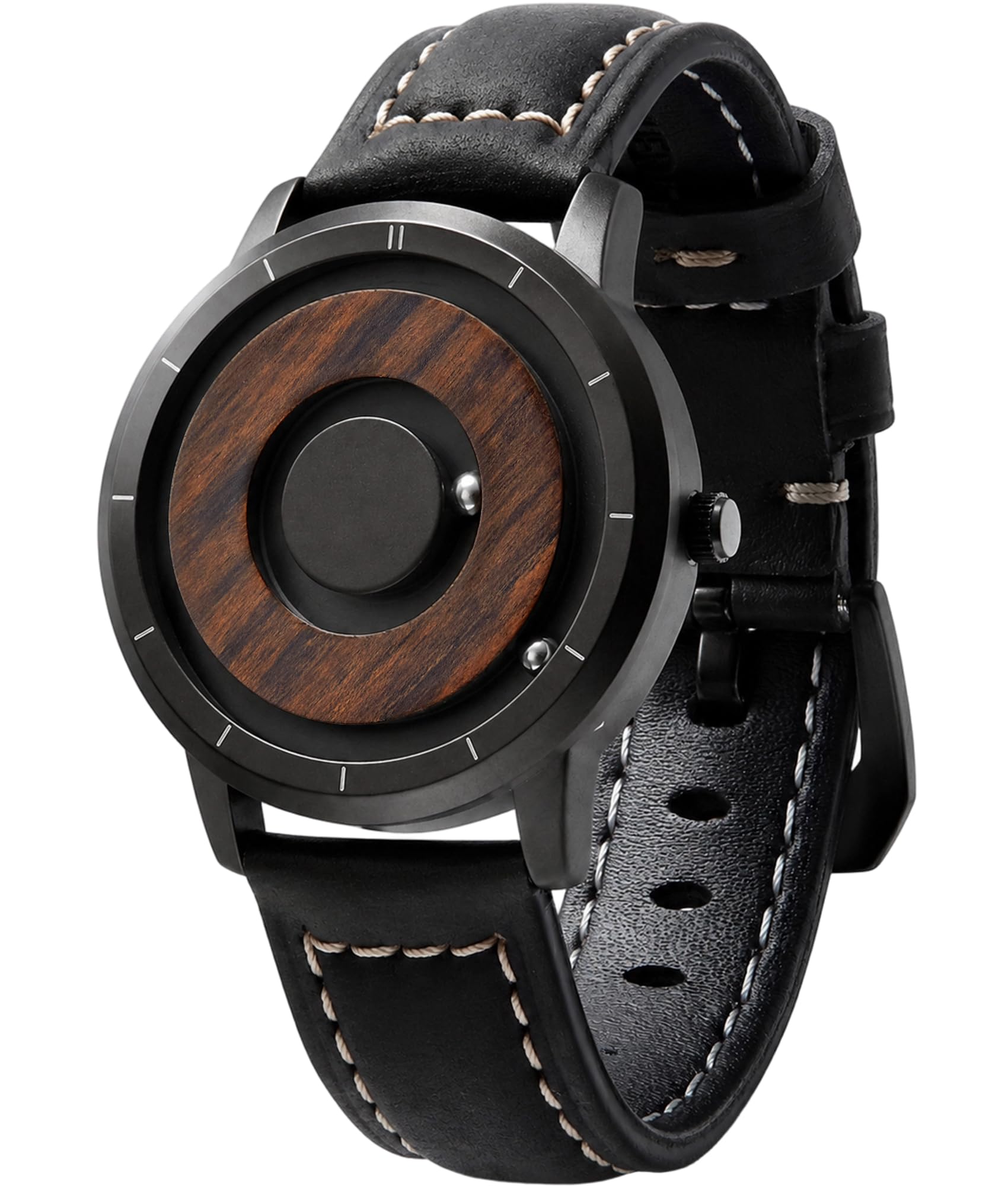 EUTOUR Holz Uhr Herren Magnet Uhren Schweiz Quarz 3ATM 40mm Lederband | Kein Glas, Keine Zeiger, Die Zeit wird durch zwei Magnetkugeln angezeigt: äußere Kugel für Minuten, innere für Stunden