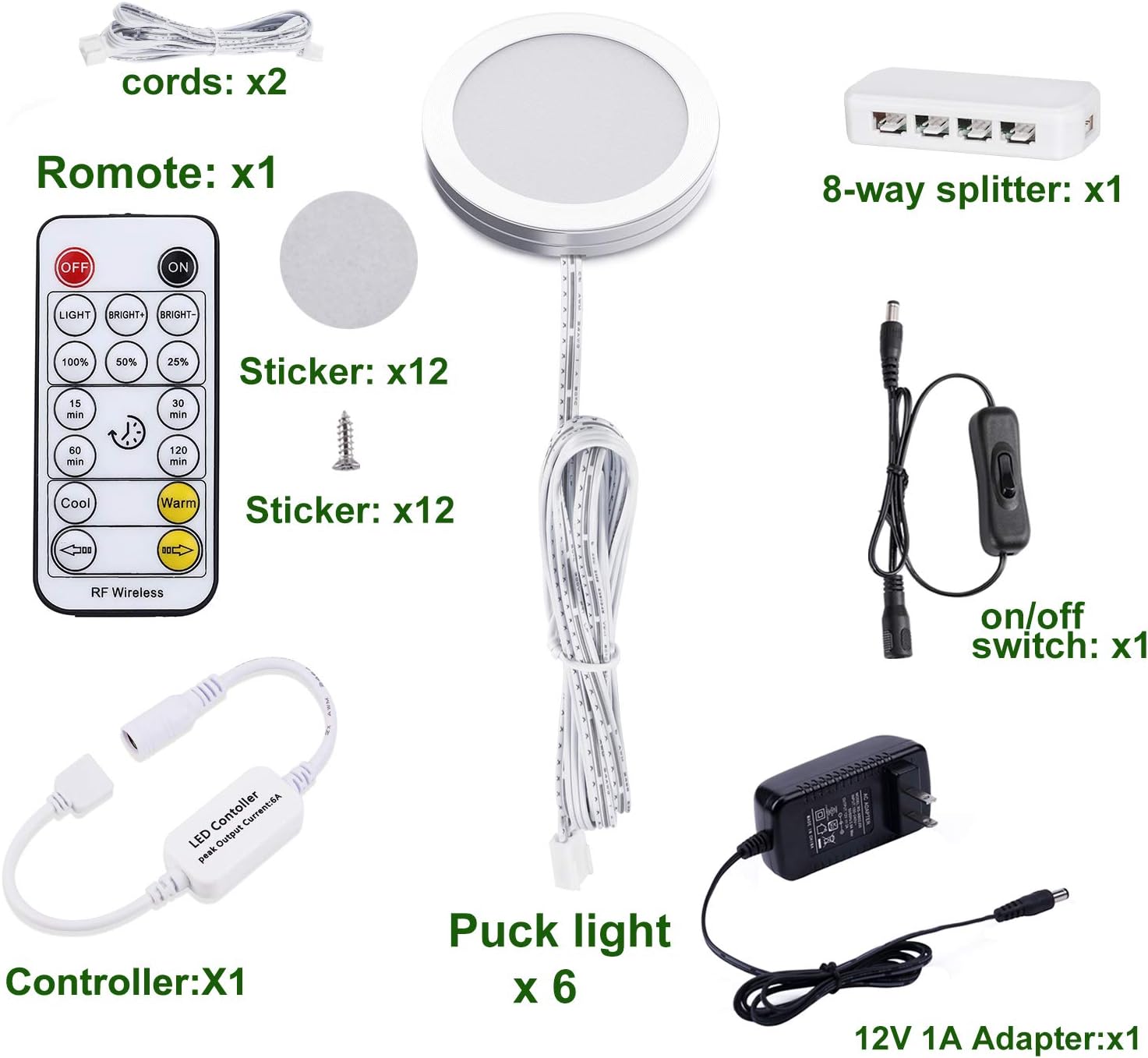 AIBOO Under Cabinet LED Puck Lights CCT Light Color Temperature Adjustable Warm+White Double Color with Dimmable RF Remote Controller for Kitchen Closet Ambiance Holiday Lighting (6 Lights, 18W)