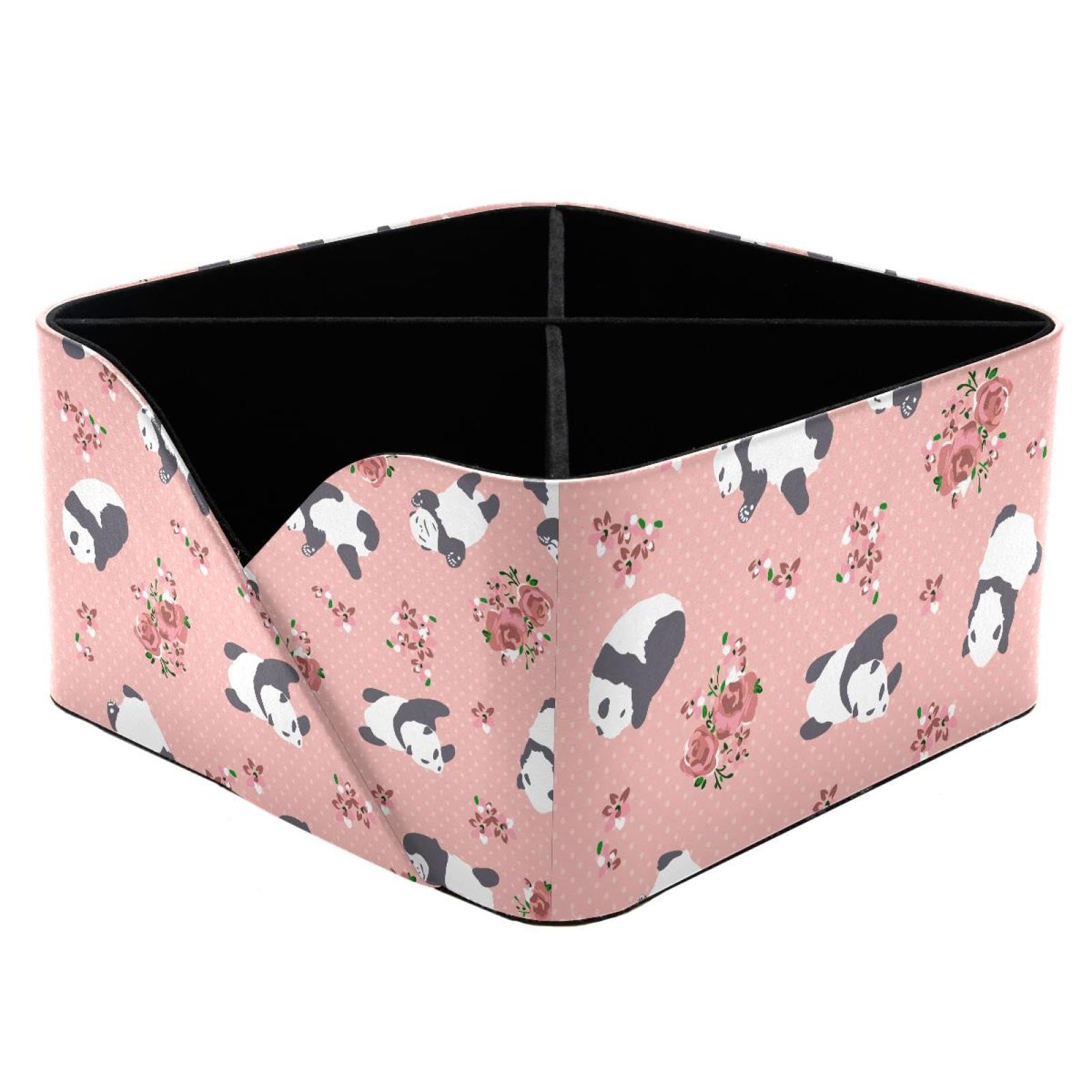 KengjuTesu Cute Panda Bear in Different Poses Striped Pattern Desktop Organizer Pen Holder, Rectangular Pencil Cup for Office, Study and Makeup Stations