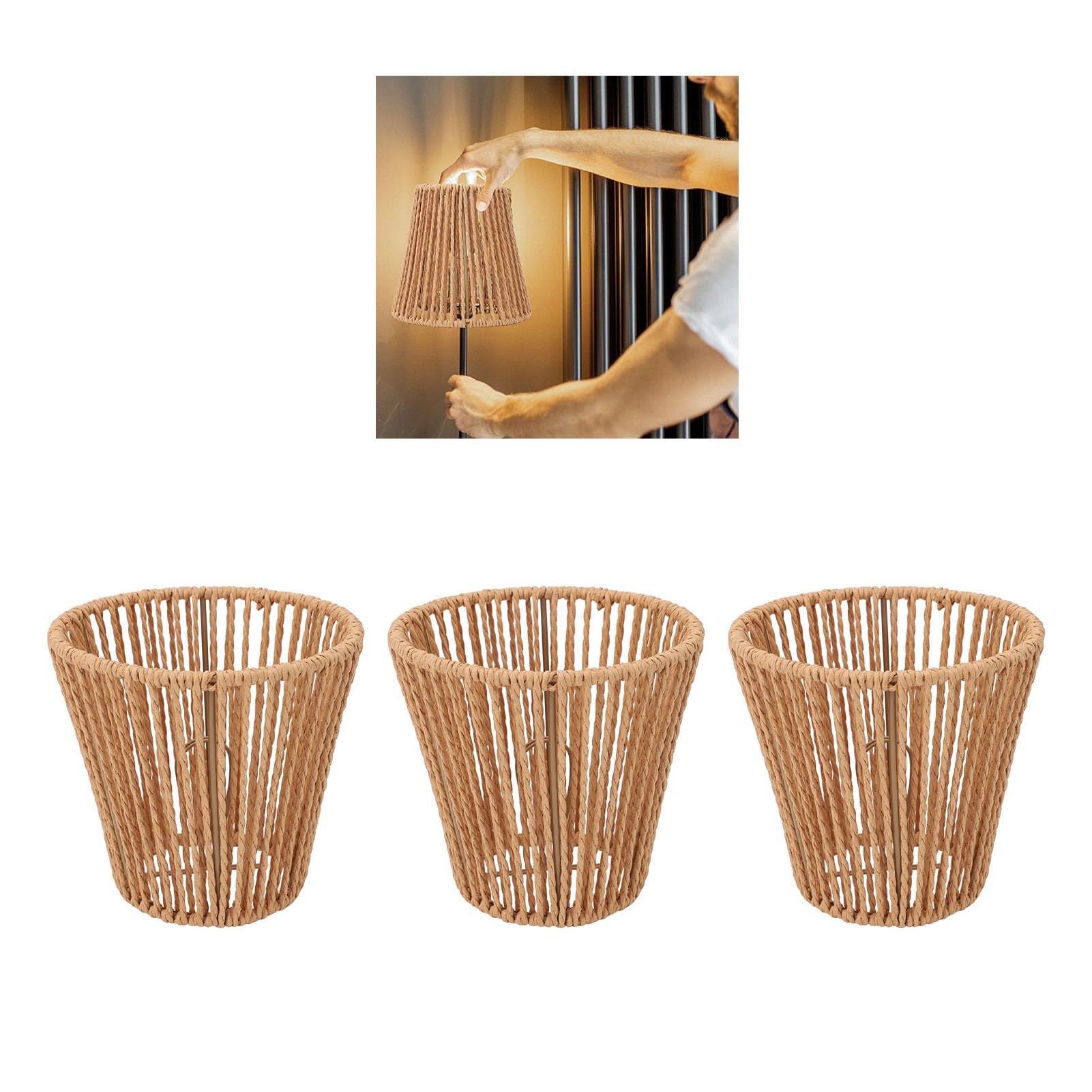 Muiltvoe 3 Pcs Handwoven Lampshades, Rustic Woven Lamp Shade Table Lamp Cover Light Fixture Shade with Metal for E14 Candle Bulbs Chandelier Floor Light