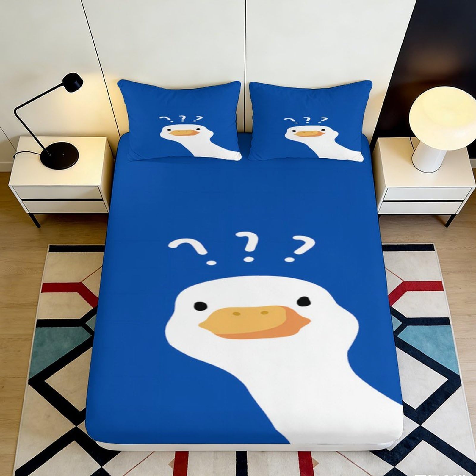 3D Printed Blue Goose Pattern Fitted Sheet Microfiber Soft Durable White Duck Bed Cover for Bedroom Dormitory Guest Room Mattress Protection 160x200x25cm