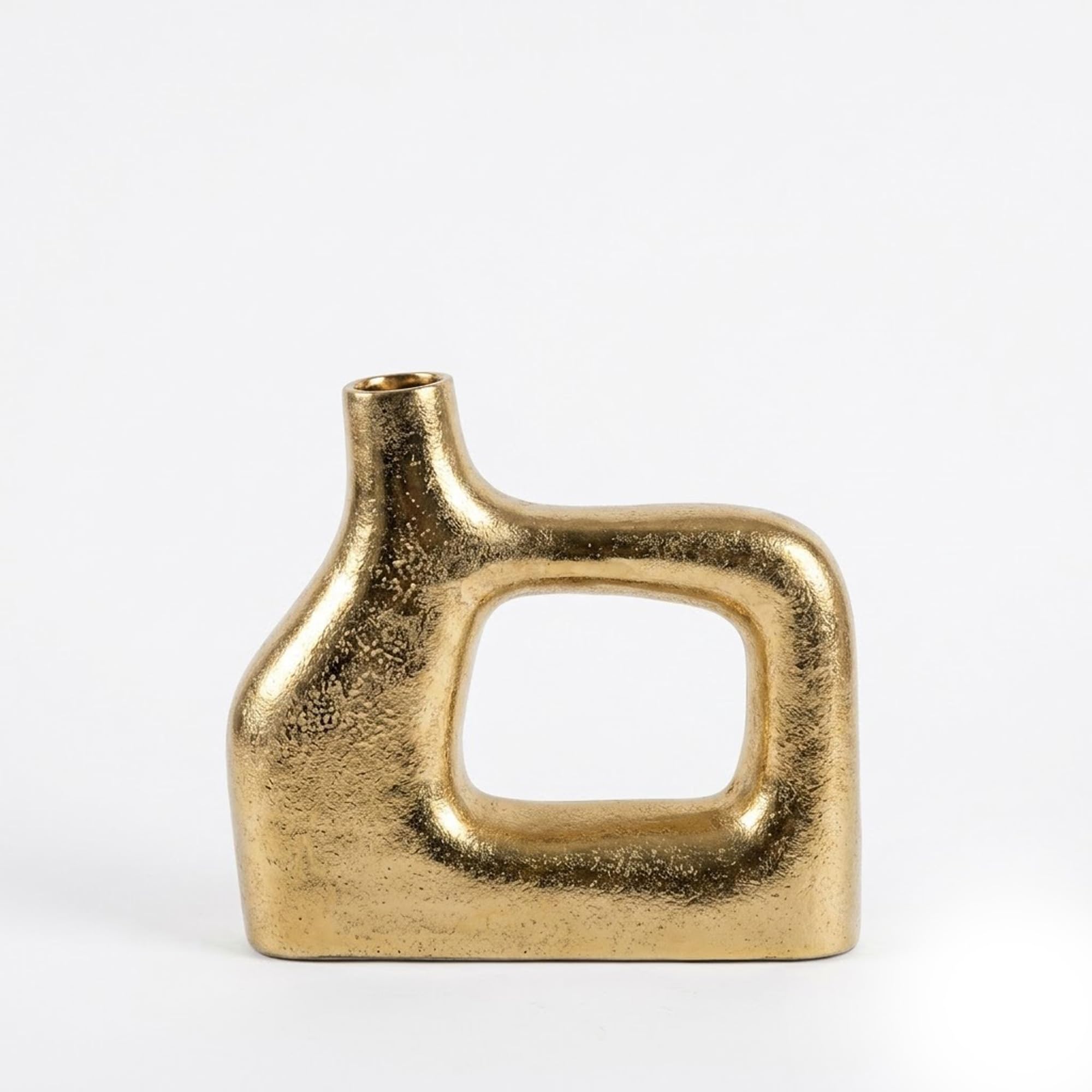IHI EST. 1986 Gold Modern Geometric Vase, 9.75 Inch Decorative Metal Vase with Open Center Design, Contemporary Sculptural Floral Vessel for Shelves