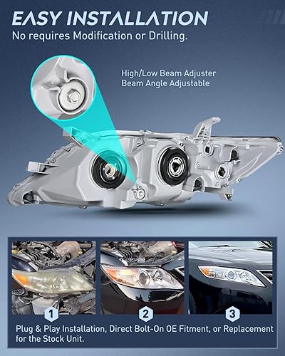 Miniatura 8 de Nilight Conjunto de faros delanteros compatible con Toyota Camry 2010 2011, carcasa cromada, reflector ámbar, lente transparente mejorada para el