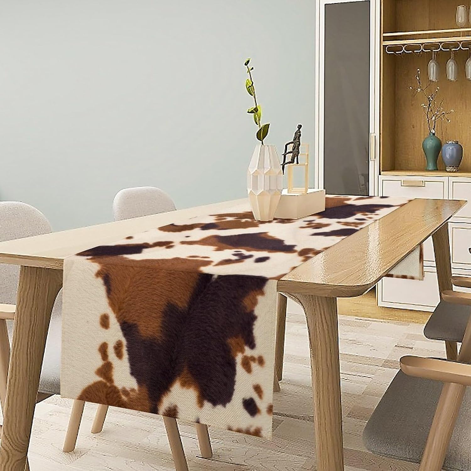 Cow Print Table Runner Animal Fur Skin Brown Cowhide Rustic Hunter Theme Western Farm Table Runner for Art Home Kitchen Party Holiday Dinner, 13x120 Inch