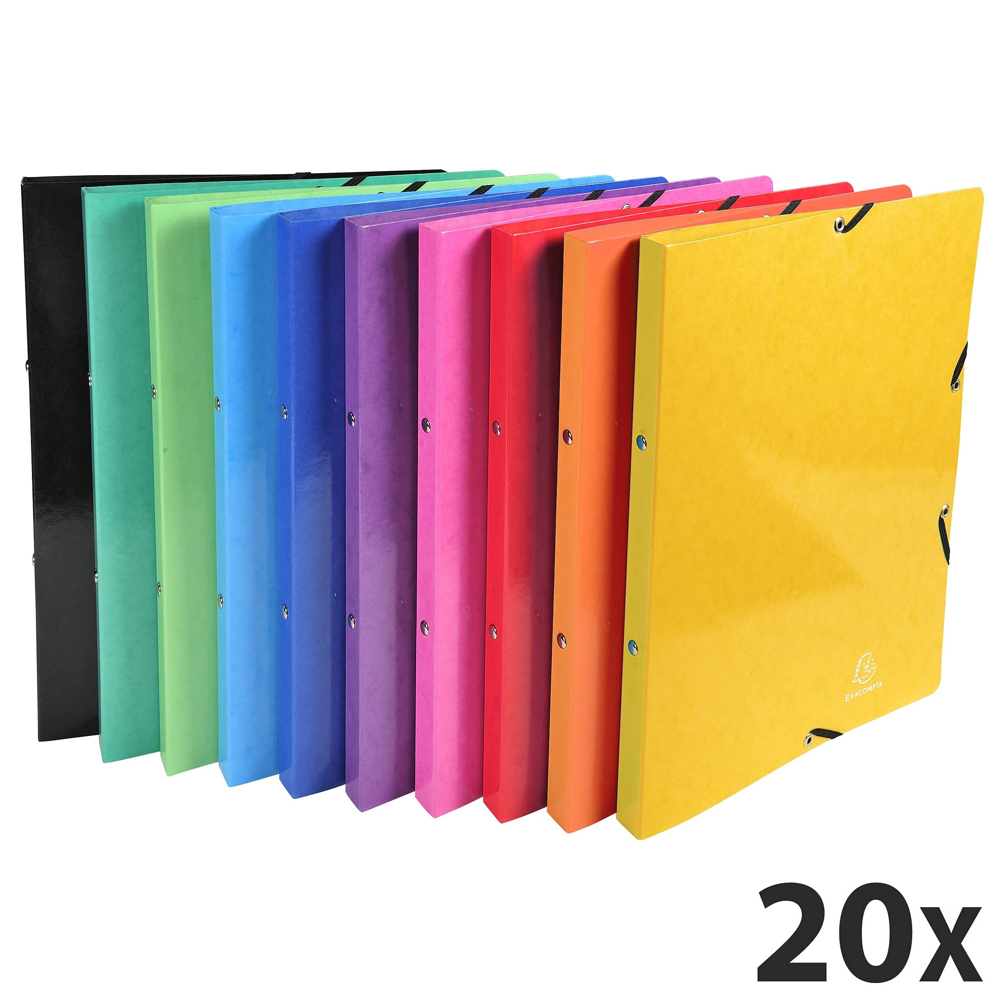 Exacompta - 54829E - Conf. da 20 Raccoglitori in Cartoncino Lustré Lucido 600 g/mq Iderama - Chiusura con Elastici Angolari - 2 Anelli Tondi 15 mm - F.to Esterno 25x32 cm per A4 - 10 Col. Assortiti