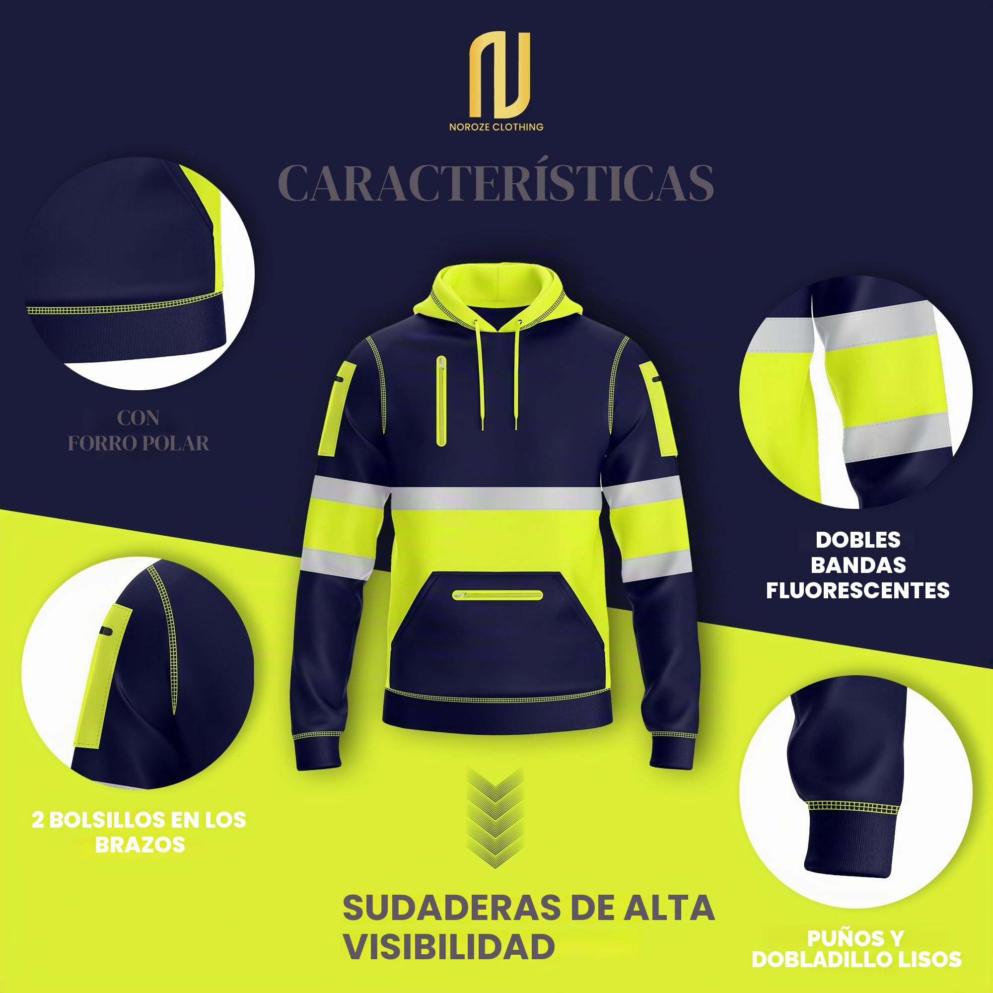 NOROZE Hombres Sudadera Alta Visibilidad Cinta Reflectante Abrigo Seguridad 4 Bolsillos Cremallera