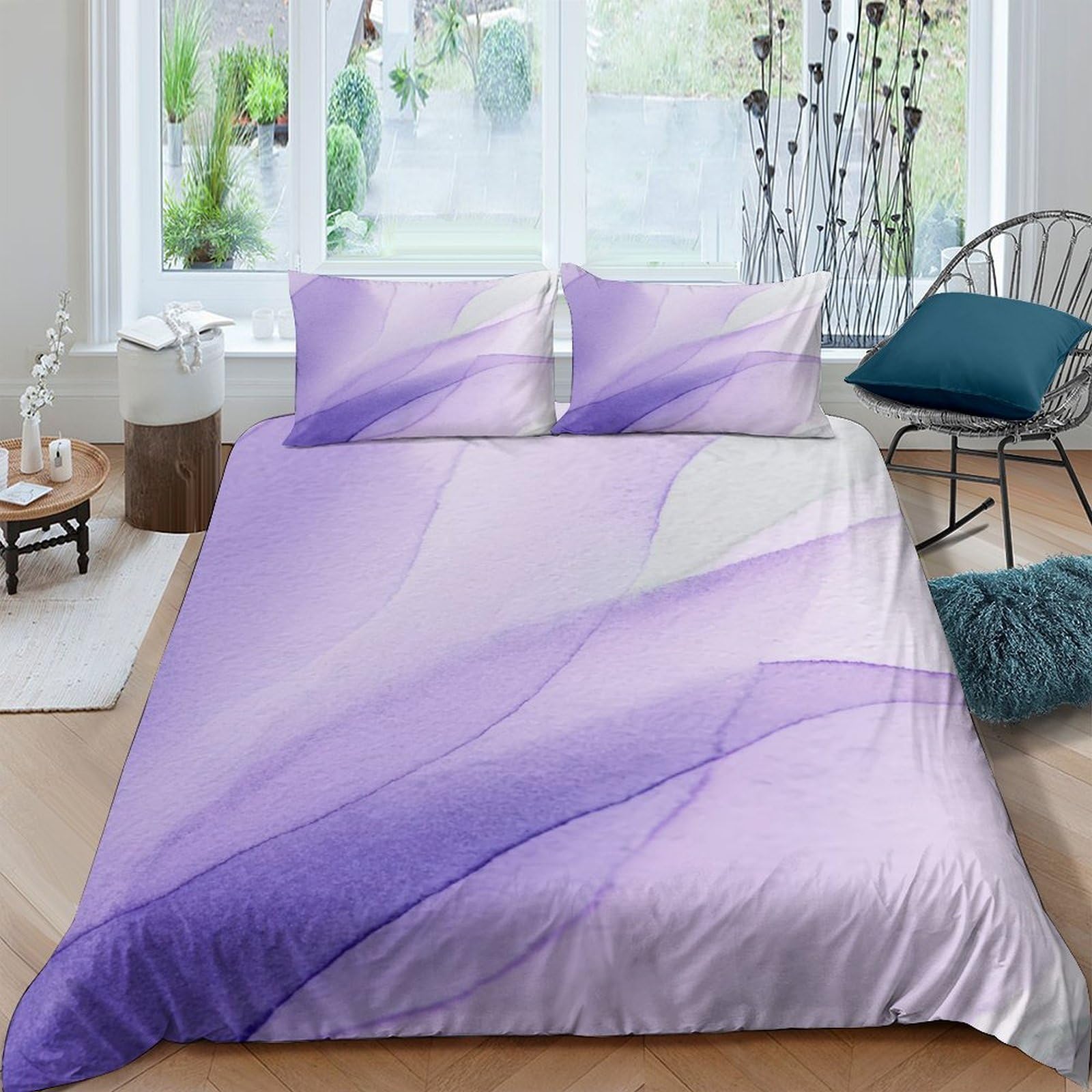 GPLZQXKJNH 3D Printed Purple Gradient Wave Duvet Cover Microfiber Soft Breathable Abstract Bedding Set with 2 Pillowcases for Bedroom Home Single（135x200cm）