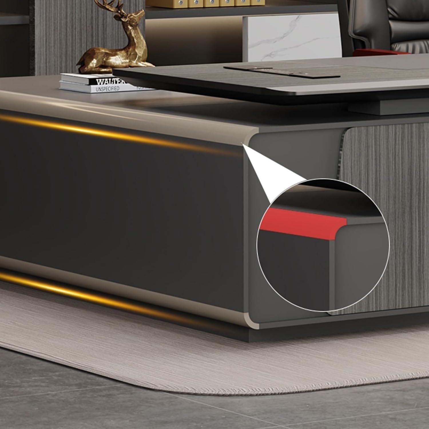 Modern L Shape Executive Desk with Light Strip Business Large Home Office Desks with Lateral Cabinet for CEO Boss Study Bedroom Furniture(86in)