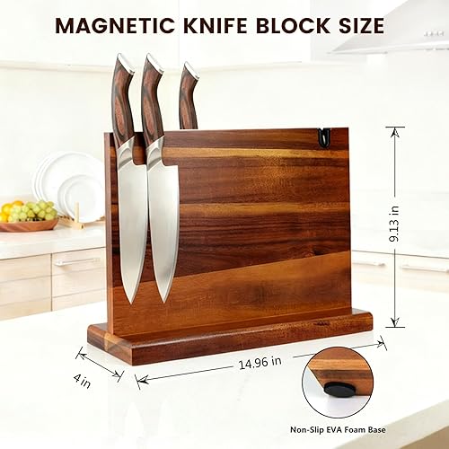 Miniatura 2 de Bloque magnético para cuchillos de madera de acacia natural, soporte de cuchillos con tira magnética que ahorra espacio para cuchillos de cocina,