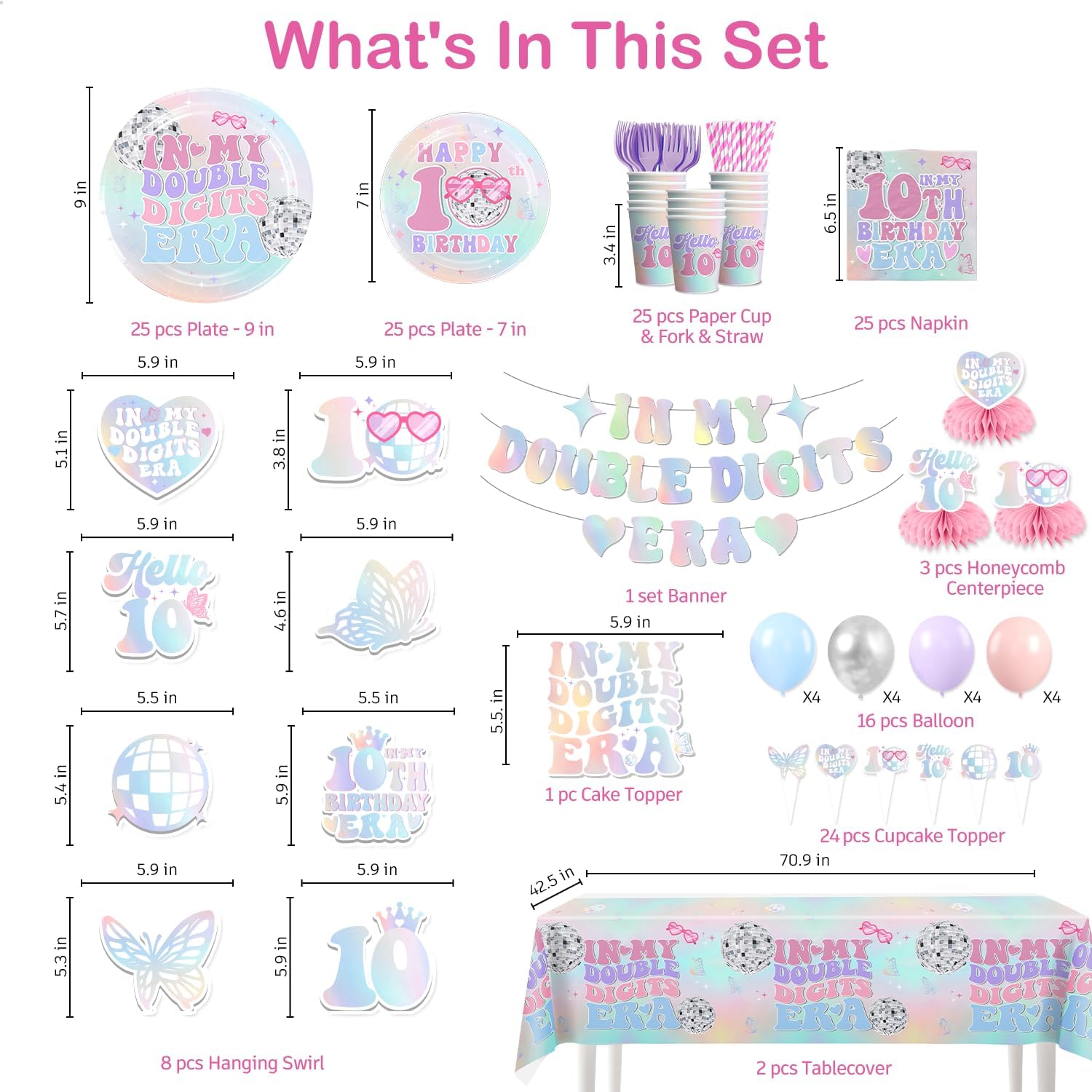 225pcs 10th Birthday Decorations for Girl, Double Digits Birthday Girl Thickened Plates and 2 Tablecloths for Parties and Gatherings In My Double Digits Era Tableware Set Serves 25