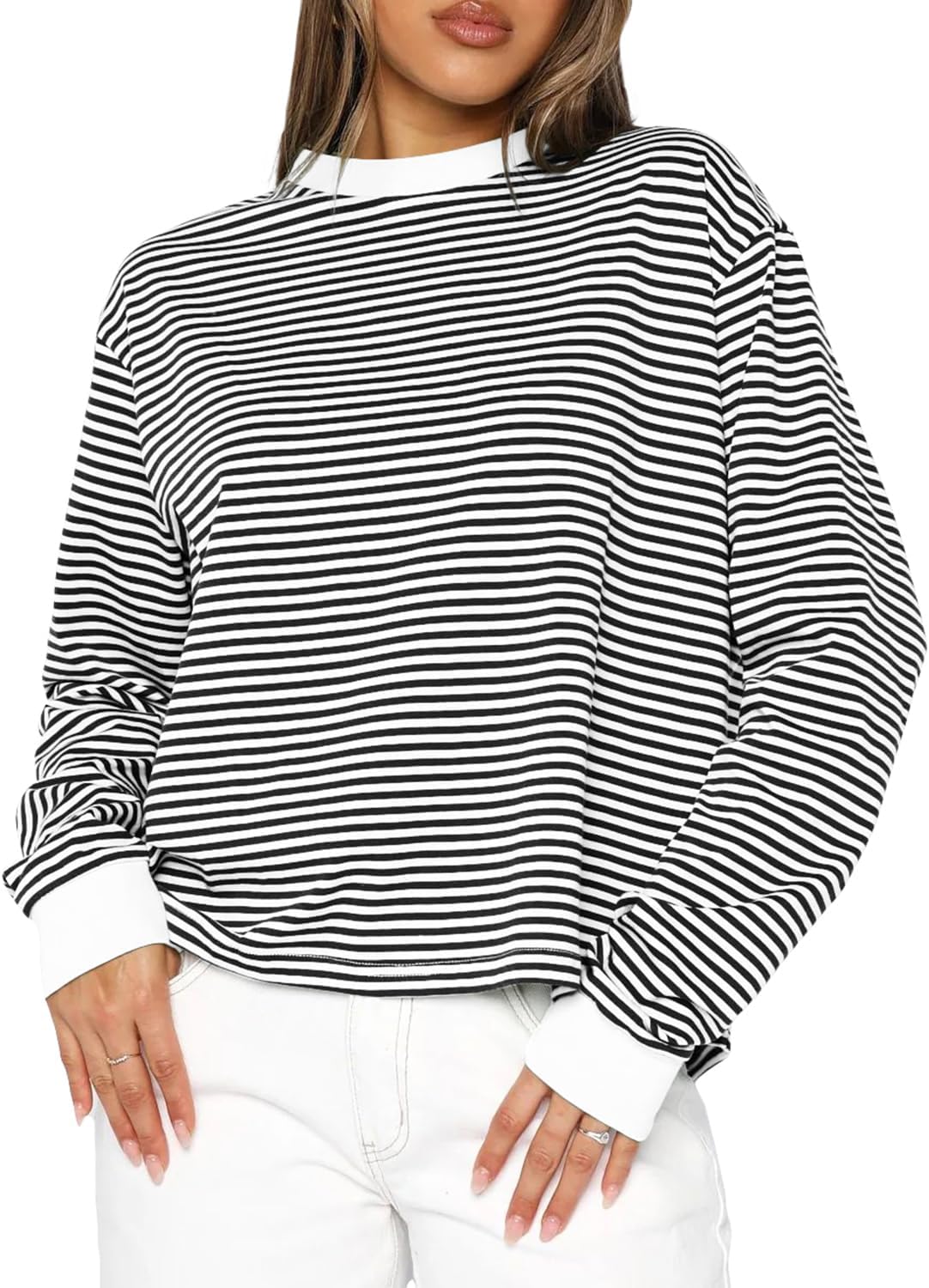 BAIGRAM Women Oversized Crewneck Striped Tee Tops Y2K Aesthetic Fall Outfits Long Sleeve Preppy Pullover Tshirt Sweatshirt