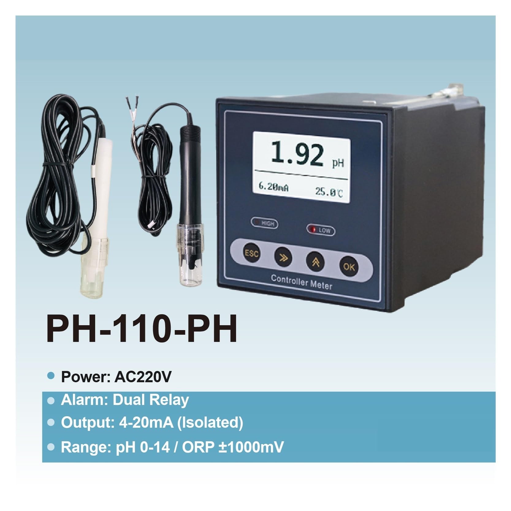 PH-110 PH ORP Miernik kontrolera Kwasowości Monitor zasadowości 4-20mA RS485 Ścieki przemysłowe Ścieki Wysoka temperatura Wyczyść ekran(PH-5m-PTFE-Elec)