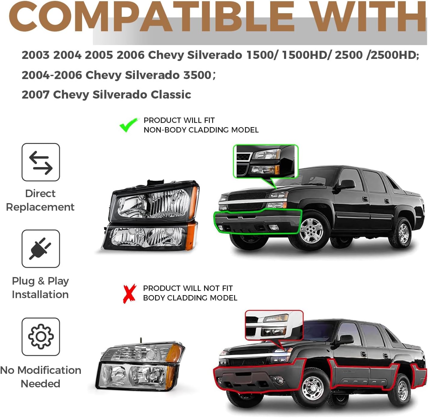 Headlights Assembly with High/Low Beam Bulbs for 2003-2007 Chevy Silverado 1500/2500/3500/1500HD/2500HD, for 03-06 Chevrolet Avalanche 1500/2500 Pickup, Black housing Amber Cornor