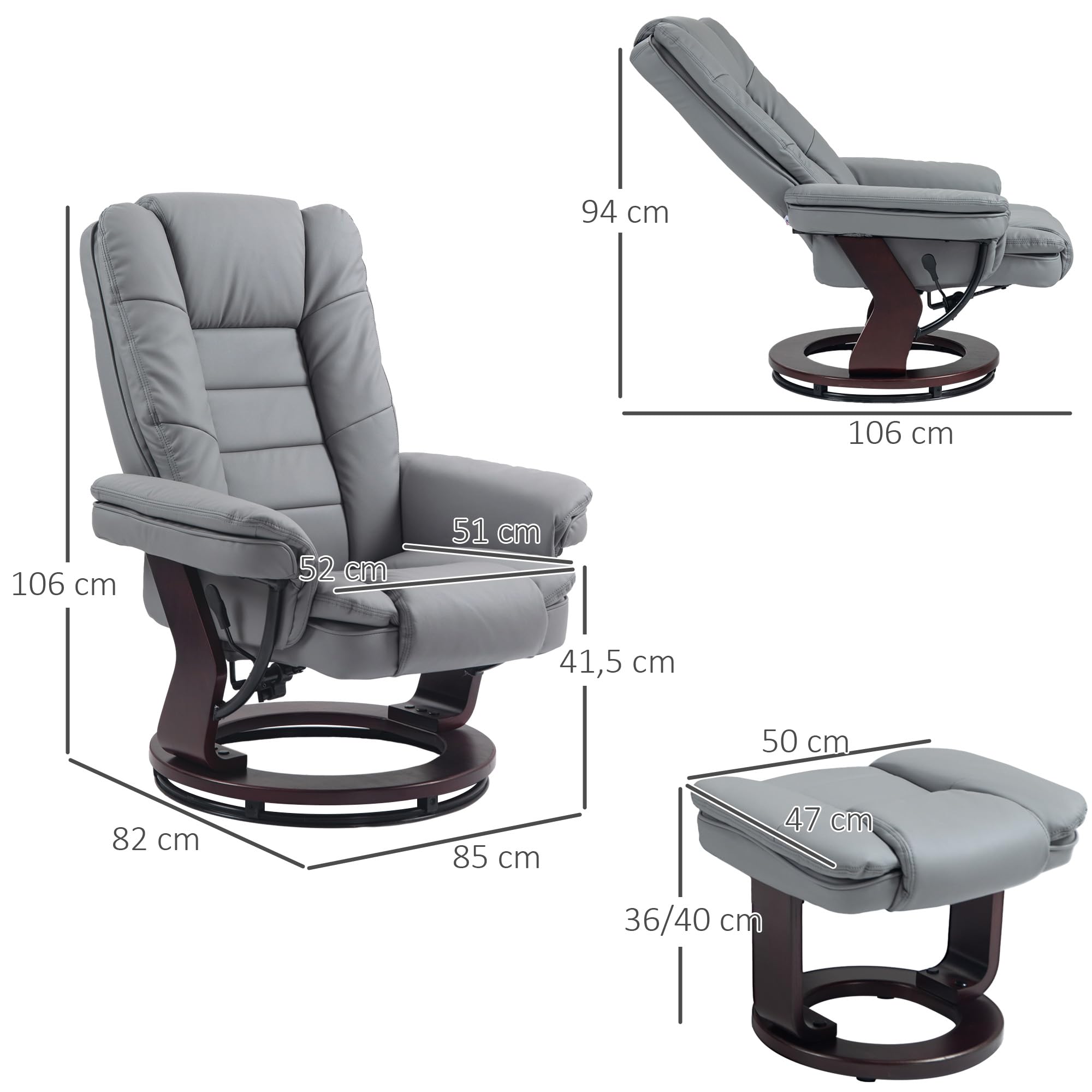 HOMCOM Relaxsessel mit Hocker 360°Drehbarer Fernsehsessel mit Liegefunktion TV-Sessel Ruhesessel bis 130 kg belastbar für Wohnzimmer Kunstleder, Grau