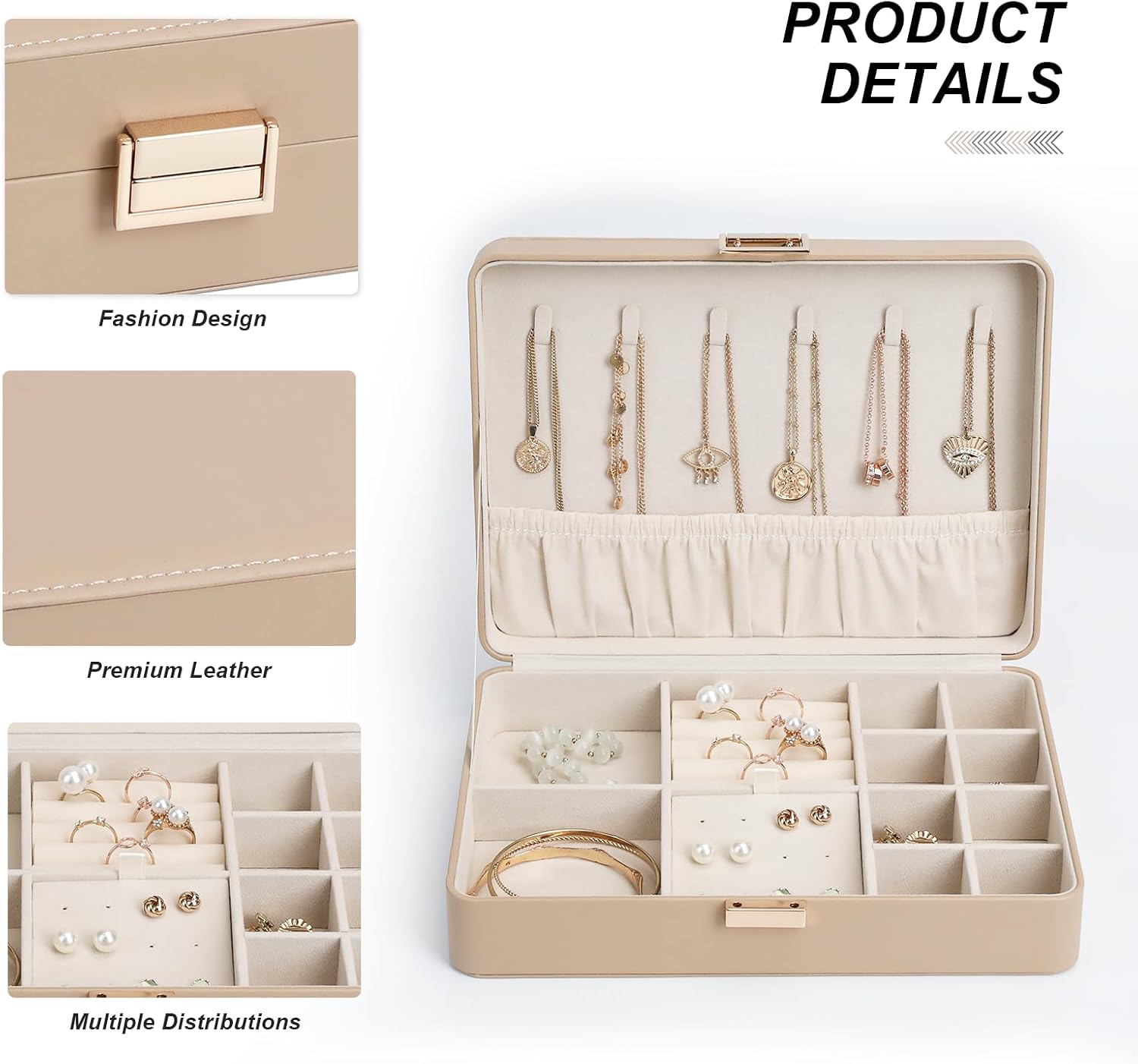 Leather Jewelry Box Elegant Small Jewelry Chest for Women Gift Box for Necklace, Ring, Earring Storage Portable Design for Travel & Home Use Apricot
