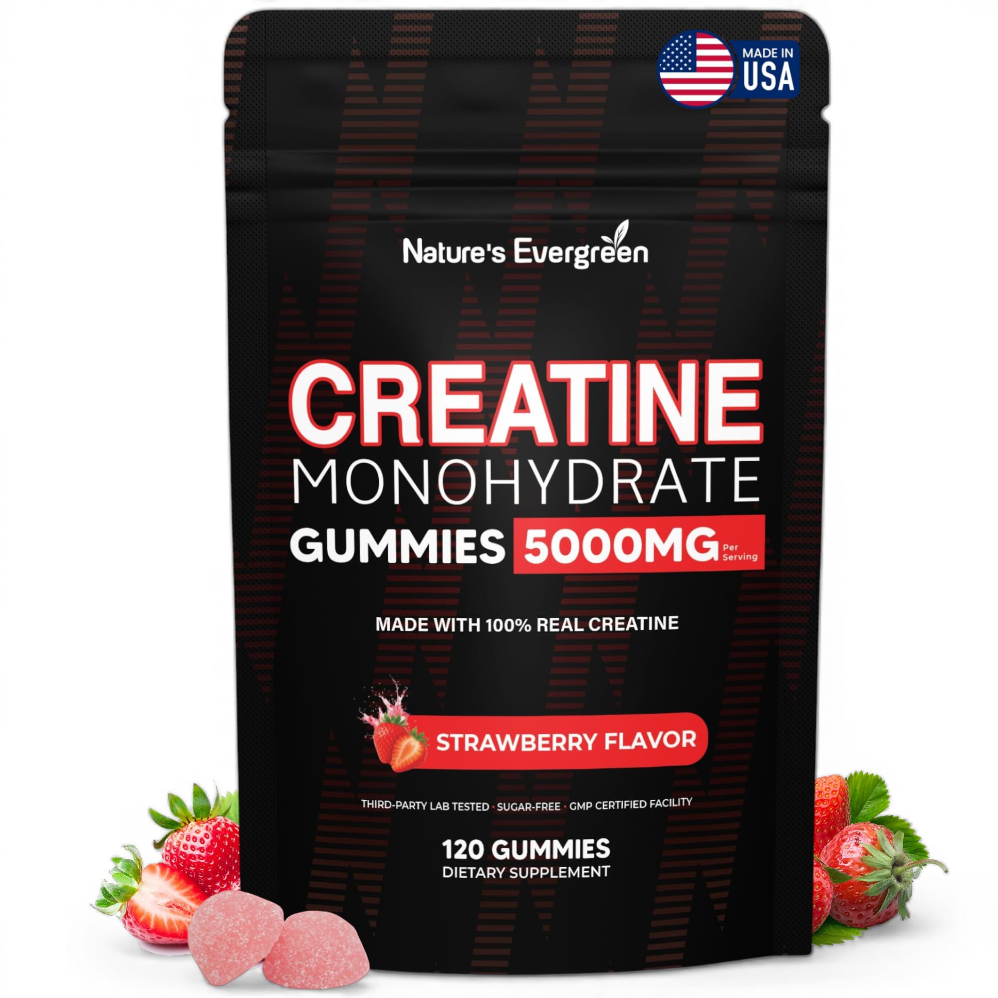 Creatine Monohydrate 5000mg Gummies, Pre-Workout 5g Creatine Gummy Supplement for Men & Women: Muscle Builder & Energy Boost, Sugar Free, Vegan, Strawberry Flavor, (120 Count) Made in USA