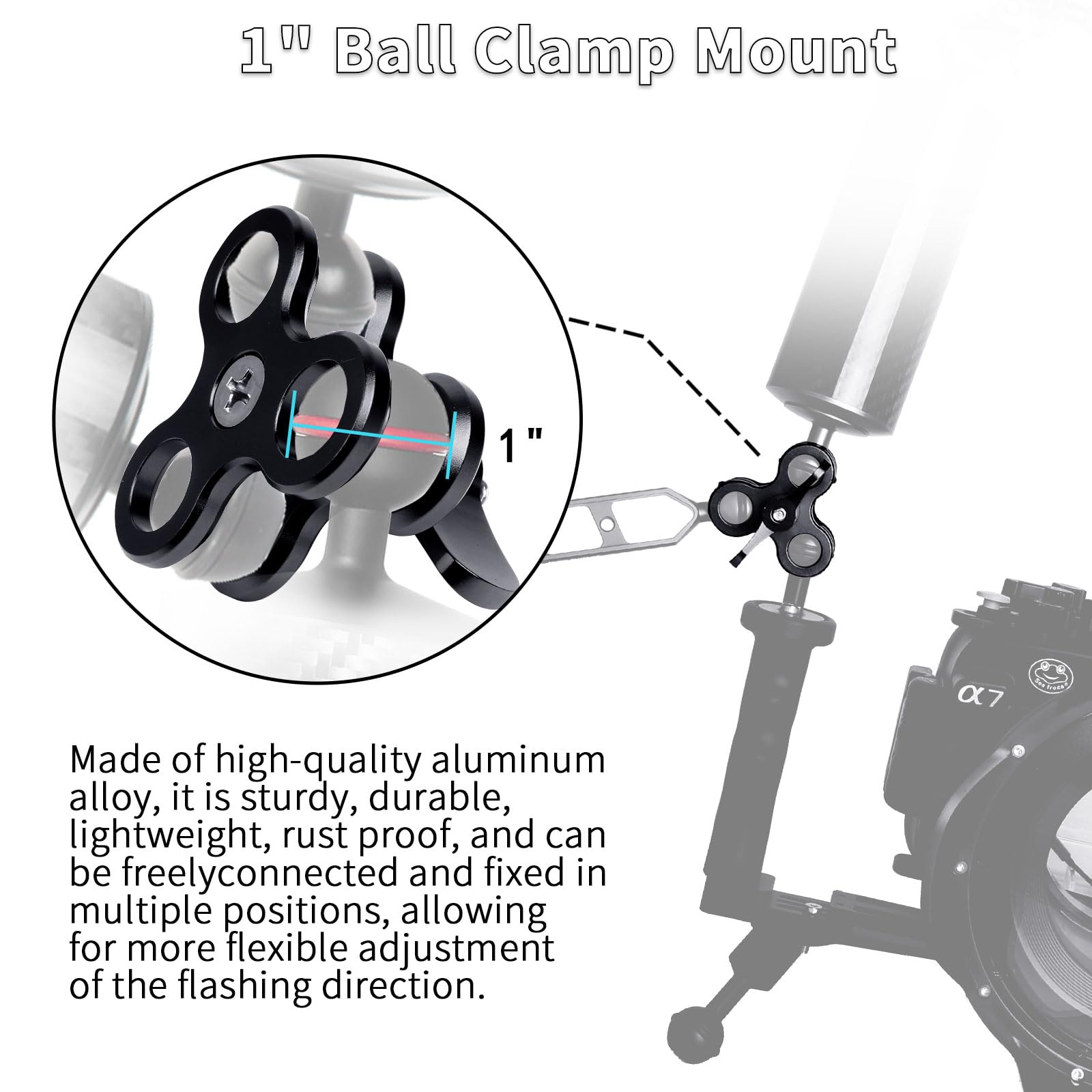 Aluminium Triple Trous Joint Pince pour Plongée sous-Marine, Système de Plateau de Bras Léger, Clip 360° pour Caméra d'Action, Bras de Lampe de Poche (2PCS)