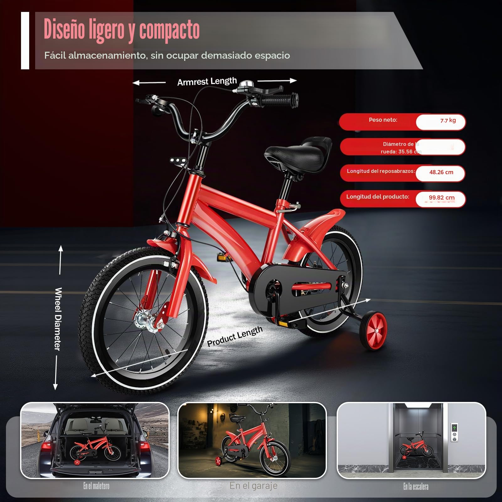 Bicicleta infantil de 16 pulgadas, altura ajustable, para niños y niñas a partir de 4 – 6 años, con ruedas estabilizadoras y sistema de frenado dual