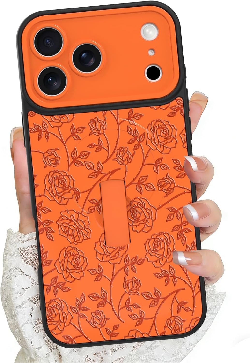 ZIYE Magnetic Case for iPhone 17 Pro with Finger Strap Kickstand, [Compatible with MagSafe] Aesthetic Floral Pattern Cover for Women Girls, Full Camera Protection Slim Shockproof, Orange Rose