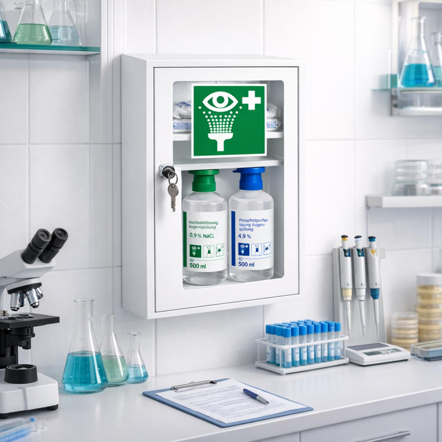 First Aid Products Erste Hilfe Augenspülschrank mit Sichtfenster, 2x Augendusche 500ml: Natriumchlorid- & Phosphatpuffer Lösung & Erste Hilfe Nachfüllset DIN 13157:2021, Metall & pulverbeschichtet
