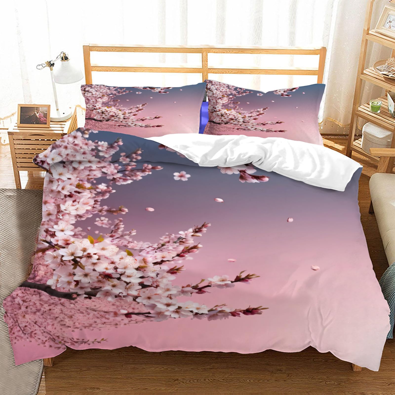 Housse de couette 240x260 fleur de cerisier en microfibre pour lit 2 personnes avec 2 taies