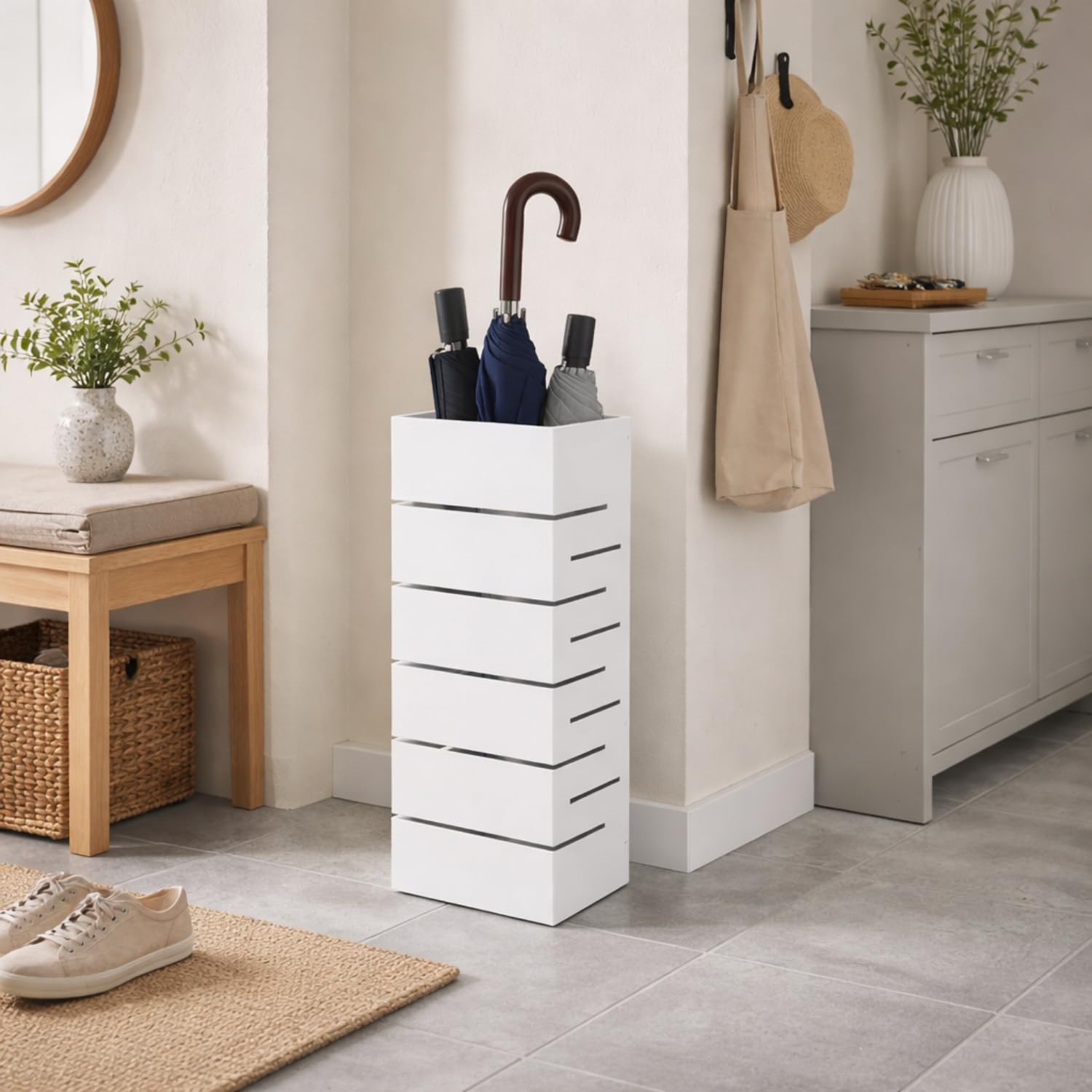 MOHOME Portaombrelli da Interno Metallo Bianco Resistente Made in Italy Premium Quality Porta Ombrelli da Ingresso Robusto 18 x 15 x 50 cm Design Moderno Casa Ufficio
