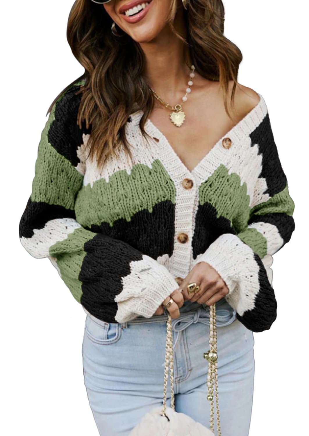 ECOWISH Womens Cropped Cardigan Sweaters 2025 Fall Striped Color Block Long Sleeve Button Up Knit Sweater Y2k Coats